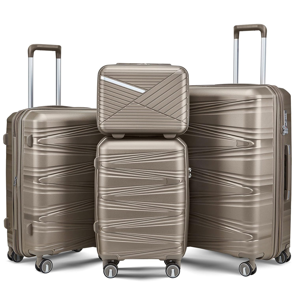 TRAVELEO 4 Piece Luggage Set PP Hardshell, Expandable Suitcase Set (20/24/28) with 14" Cosmetic Case, Lightweight Spinner Wheels with TSA Lock, Detachable Wheels for Nesting Storage (Champagne)