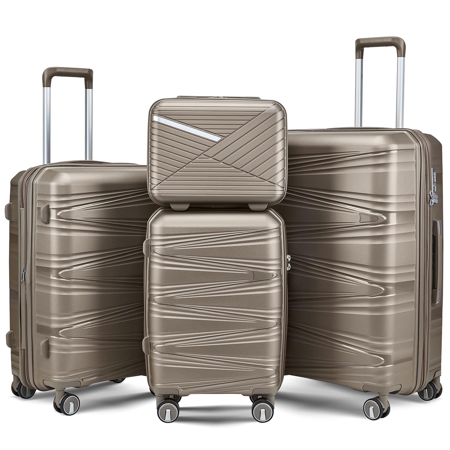 TRAVELEO 4 Piece Luggage Set PP Hardshell, Expandable Suitcase Set (20/24/28) with 14" Cosmetic Case, Lightweight Spinner Wheels with TSA Lock, Detachable Wheels for Nesting Storage (Champagne)