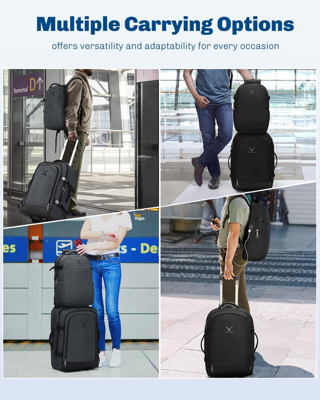 Hynes Eagle 2 in 1 Travel Backpack 22 inches Carry on Luggage 63L Rolling Backpack for Men Women with Packing Cubes 3PCS Set Gray Blue