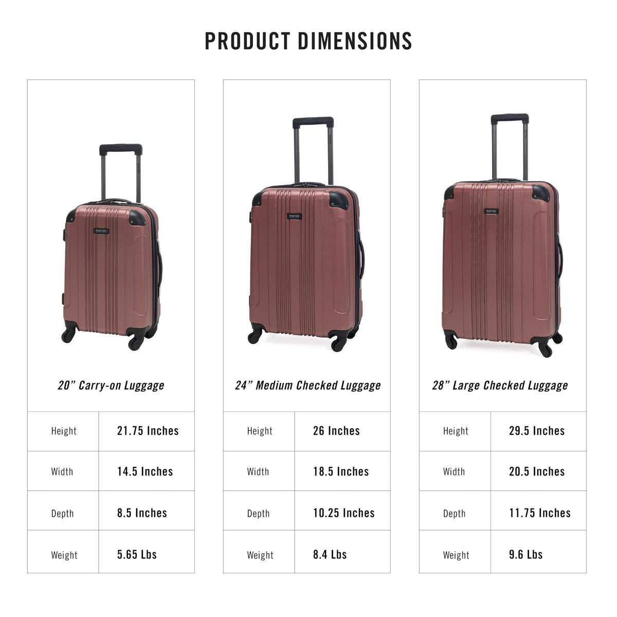 Kenneth Cole REACTION Out of Bounds Lightweight Hardshell 4-Wheel Spinner Luggage, Rose Gold, 3-Piece Set (20", 24", & 28")