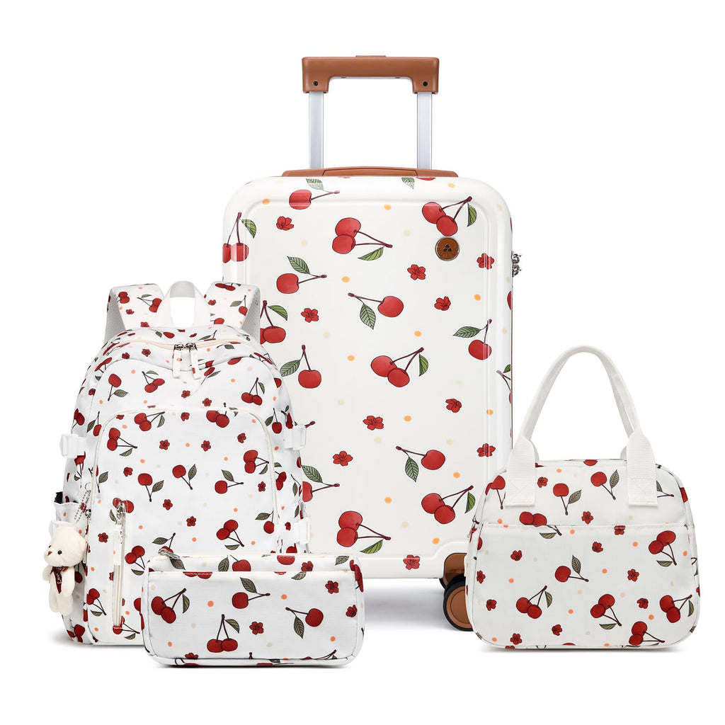 Somago 4 Piece Kid's Luggage with Backpack Set for Boys Girls Spinner 18" Hardside PC Rolling Carry on Suitcase with TSA Lock (Cherry White)