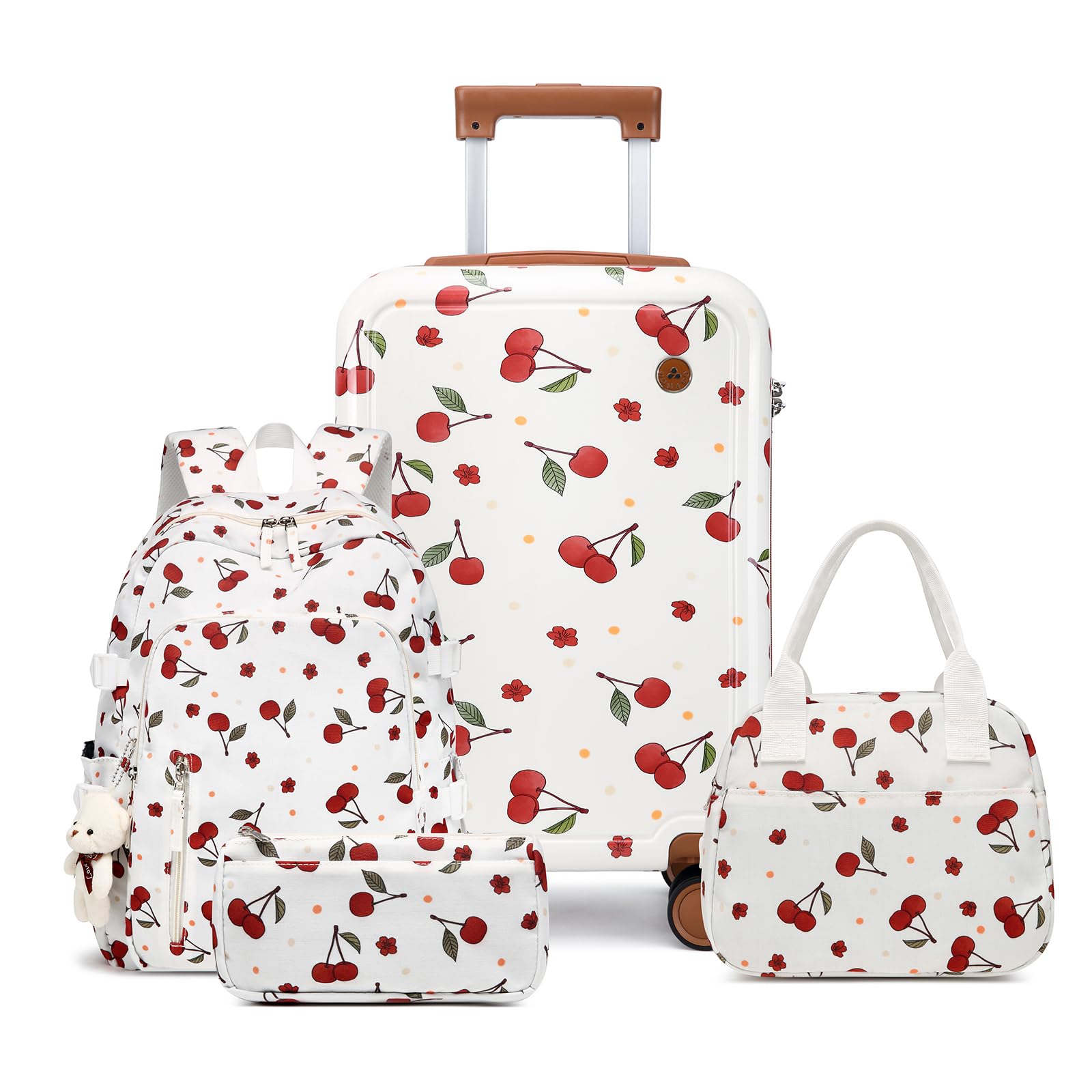 Somago 4 Piece Kid's Luggage with Backpack Set for Boys Girls Spinner 18" Hardside PC Rolling Carry on Suitcase with TSA Lock (Cherry White)
