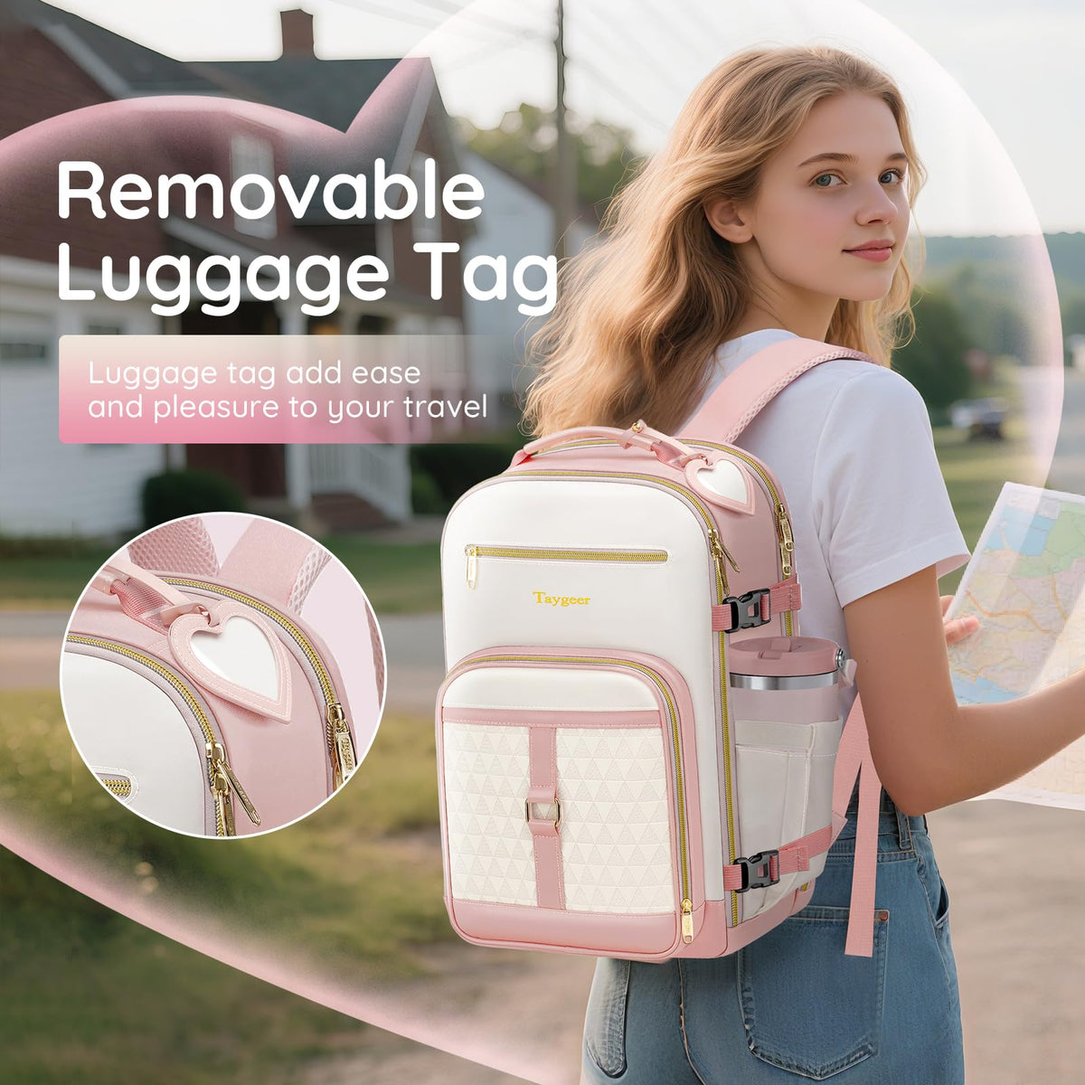 Taygeer Kids Travel Backpack for Airplane, TSA Kids Personal Item Travel Bag Backpack with Luggage Tags & Water Bottle Pocket, Underseat Airline Personal Item Bags for Women Teens Girls, Pink