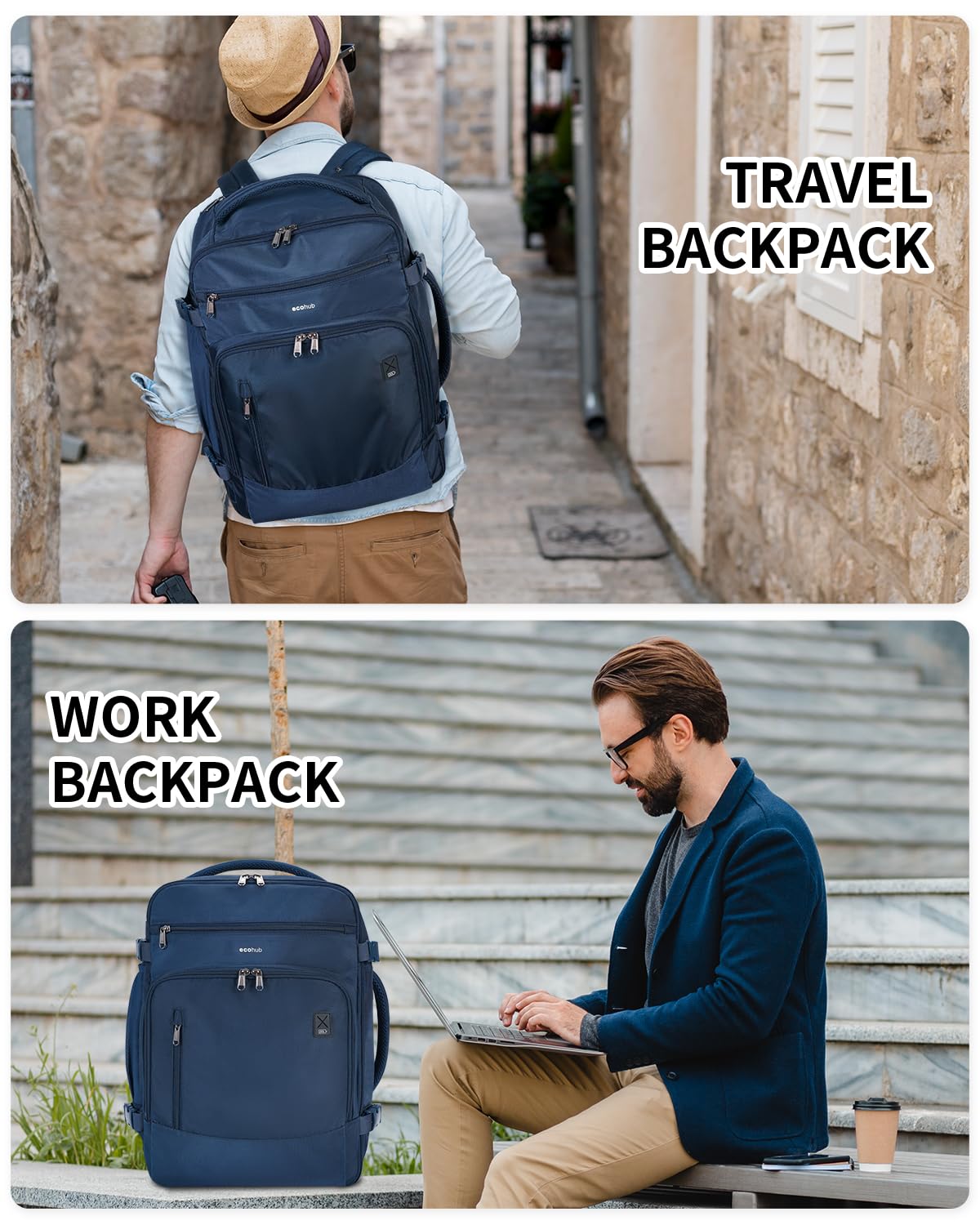 ECOHUB Travel Backpack for Men, 18x14x8 Spirit Airlines Personal Item Bag with Clear Toiletry Bag, Laptop Carry on Backpack with USB Port, Airline Approved Under Seat 14 Pockets 30L, Blue