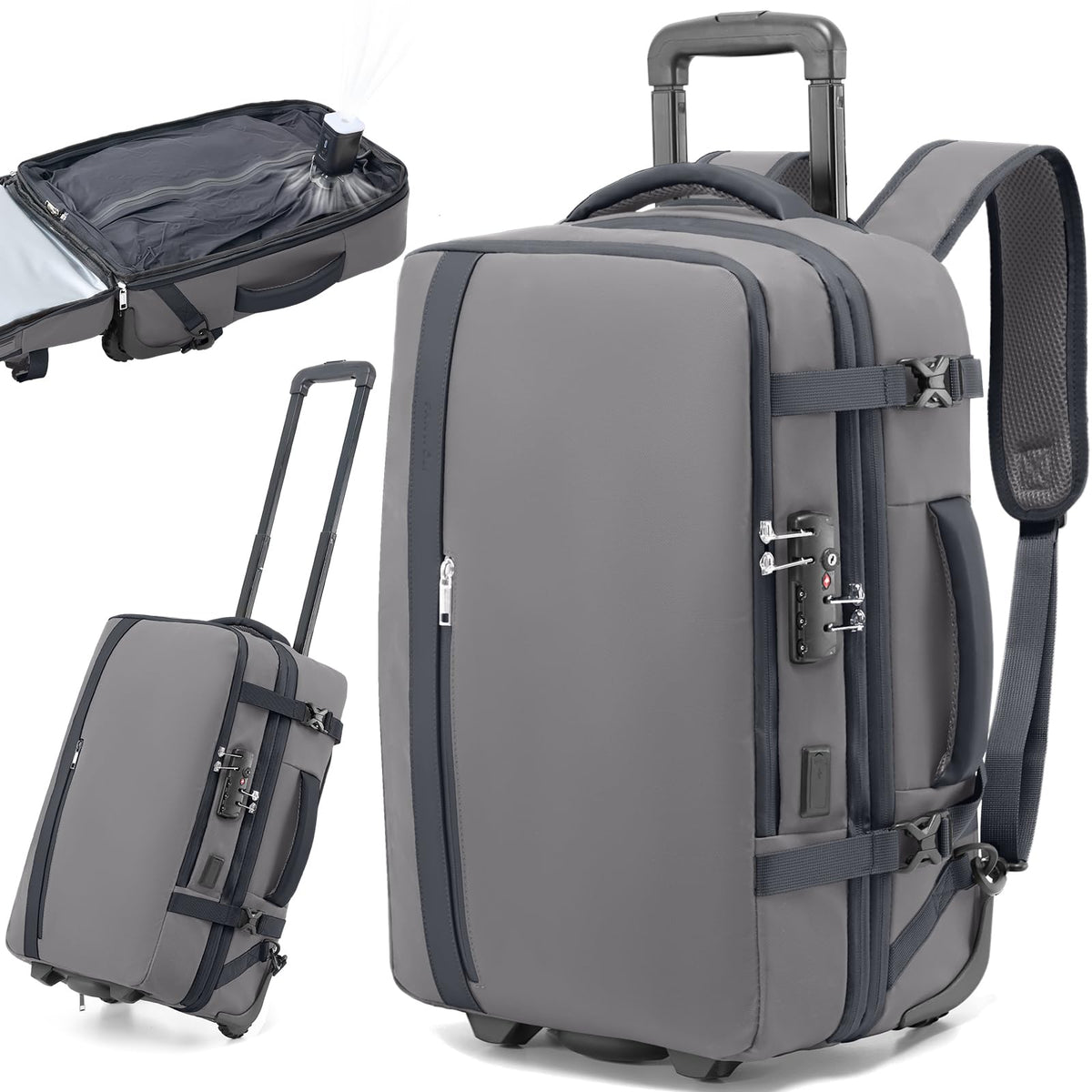 Fanwoli Vacuum Rolling Travel Backpack, Carry On Luggage with TSA Lock & Anti Theft Zipper, 70L Expandable Airback with Compression Pump, Waterproof Laptop Bag Ideal for Flight & Business,Grey