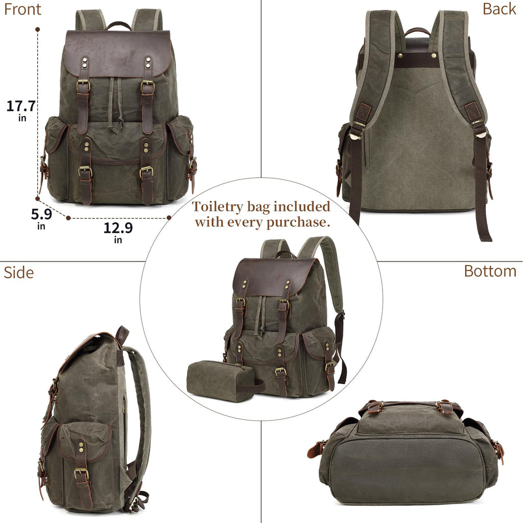 Yamons Genuine Leather Backpack for Men, Waxed Canvas Backpack Shoulder Rucksack with Toiletry Vintage Backpack for Travel,Camping, Hiking(Army Green)