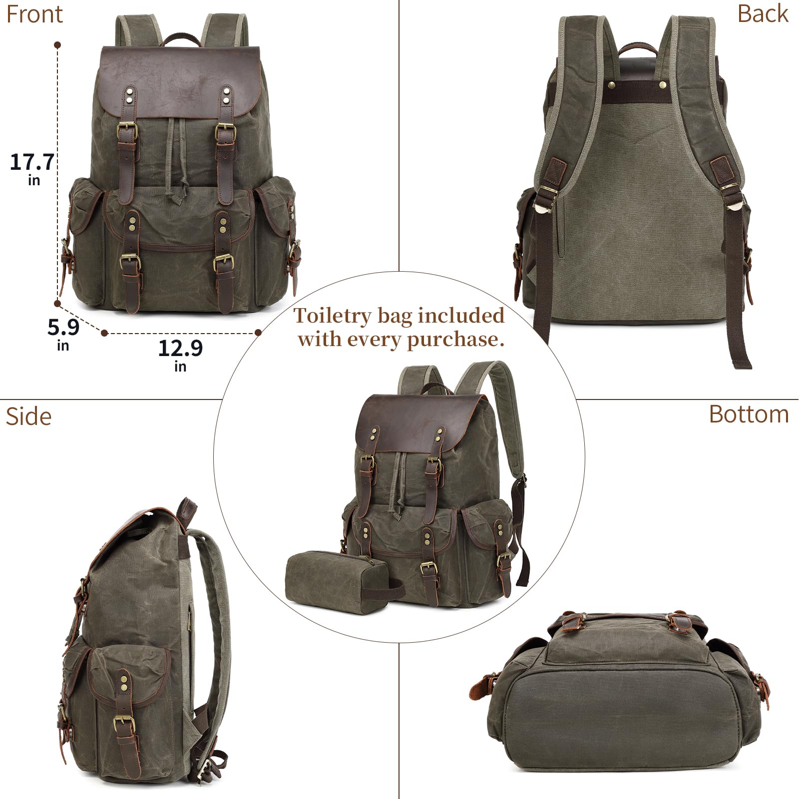 Yamons Genuine Leather Backpack for Men, Waxed Canvas Backpack Shoulder Rucksack with Toiletry Vintage Backpack for Travel,Camping, Hiking(Army Green)