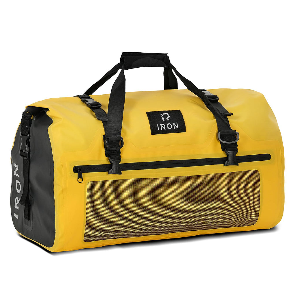 BORLENI Waterproof Motorcycle Dry Duffel Bag Luggage Tail Bag with Large Storage Space,Roll Top Closure, Shoulder Straps, Inner Pocket and Mesh Pocket for Motorcycling Travel Camping(Yellow,50L)