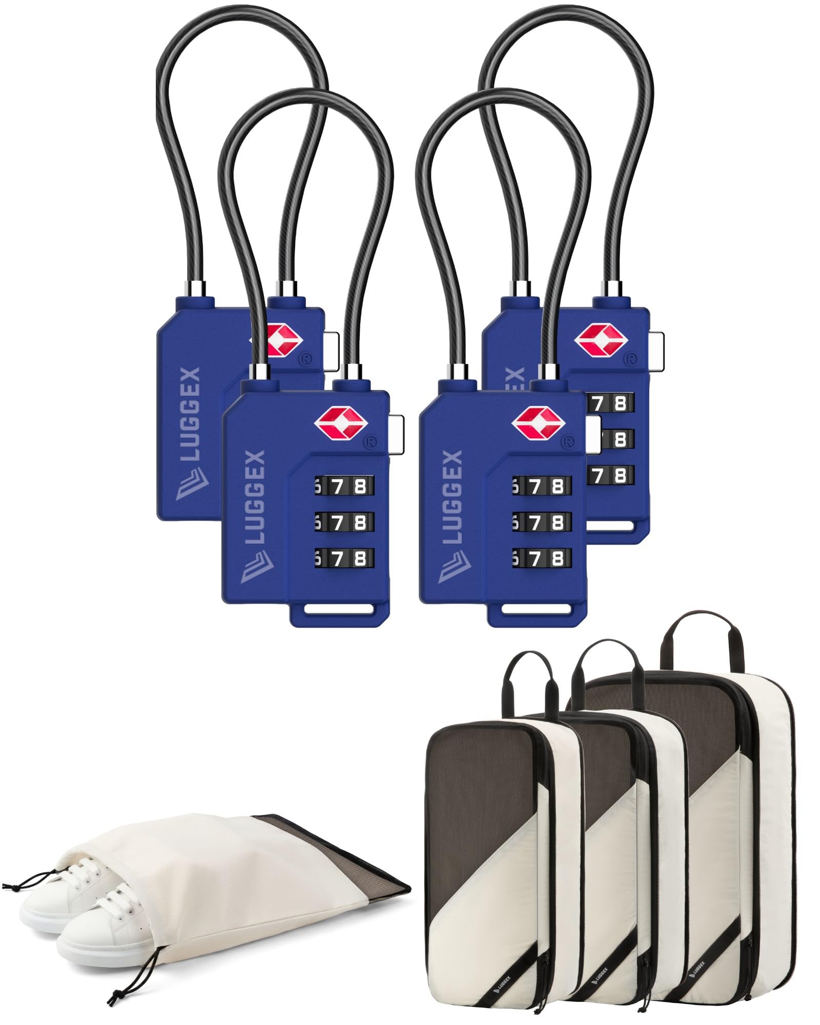 LUGGEX TSA Locks and 4 Set Compression Packing Cubes for Luggage Bundle – Travel Accessories