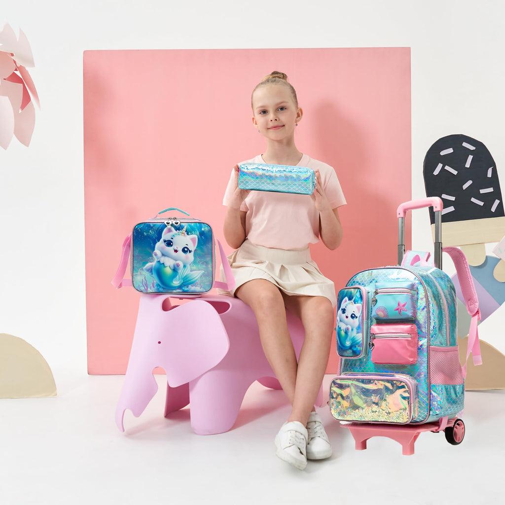 Meetbelify Cute Cat Rolling Backpack for Girls Backpack with Wheels for Elementary Student Kids School Bag with Lunch Box Pencil Case for Girls Ages 6-8 Years Old
