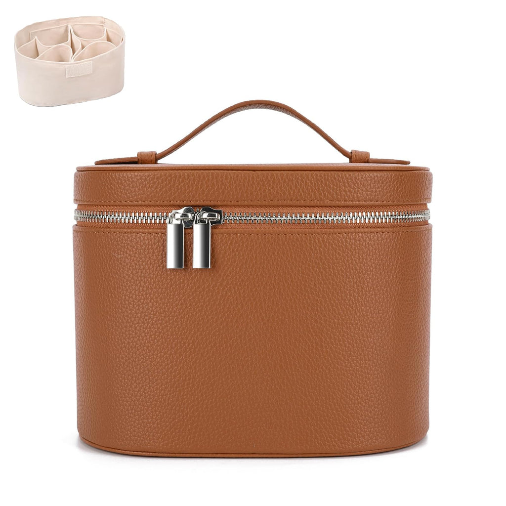 IEMIEBOAMGNOY Leather Make Up Bags With Compartments, Brown travel Cosmetic Bags for Women, Parallel Makeup Travel Bags Organizer Equipped With a Detachable Divider
