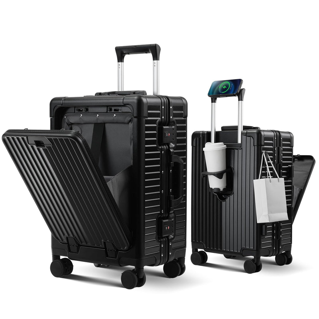 cllson Carry on Luggage Aluminium Frame with Cup Holder,Top opening Suitcases and USB Charging Port,Lightweight with Front Pocket Rolling Suitcases with Spinner Wheels (Black, 20Inch)