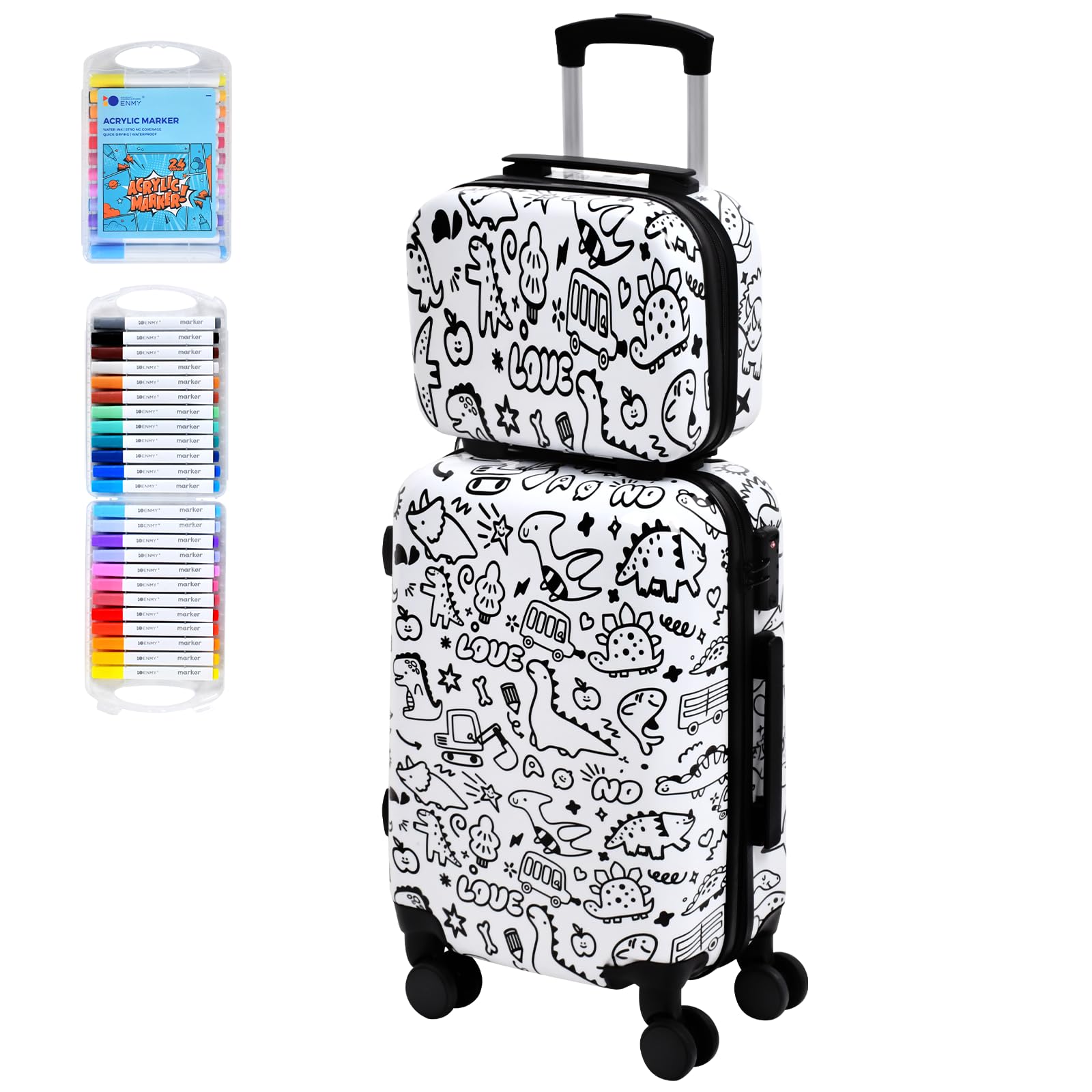 smilesun 2PCS Kids Luggage Set with DIY Coloring, 14" & 20" Lightweight Travel Carry On Suitcase with Spinner Wheels, TSA Lock