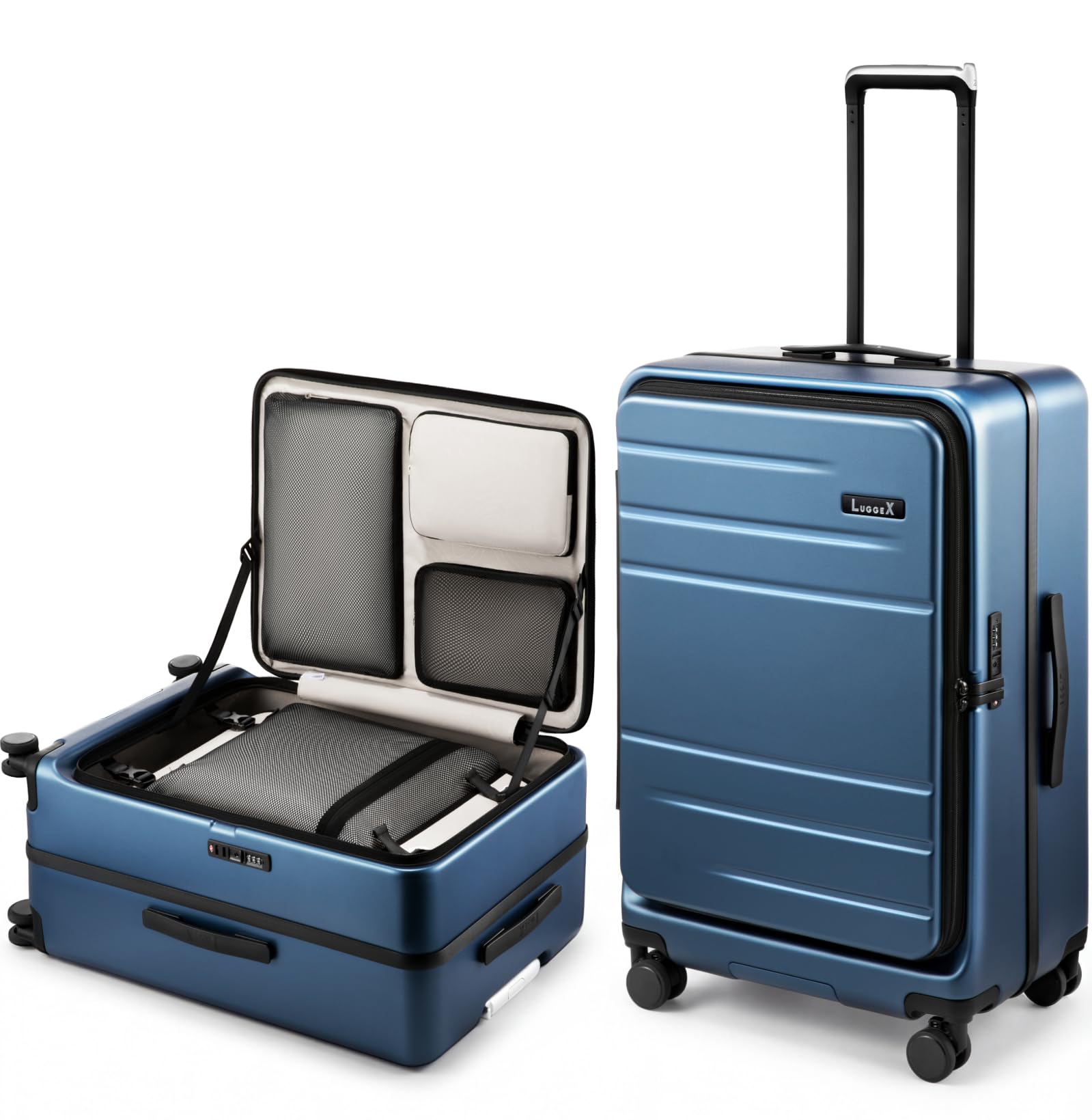 LUGGEX Top Opening Checked Luggage 26 Inch, FLA Aluminum Frame Trunk Style Luggage, Polycarbonate Hard Shell Suitcase (FX-Enhance, Blue, 80L)