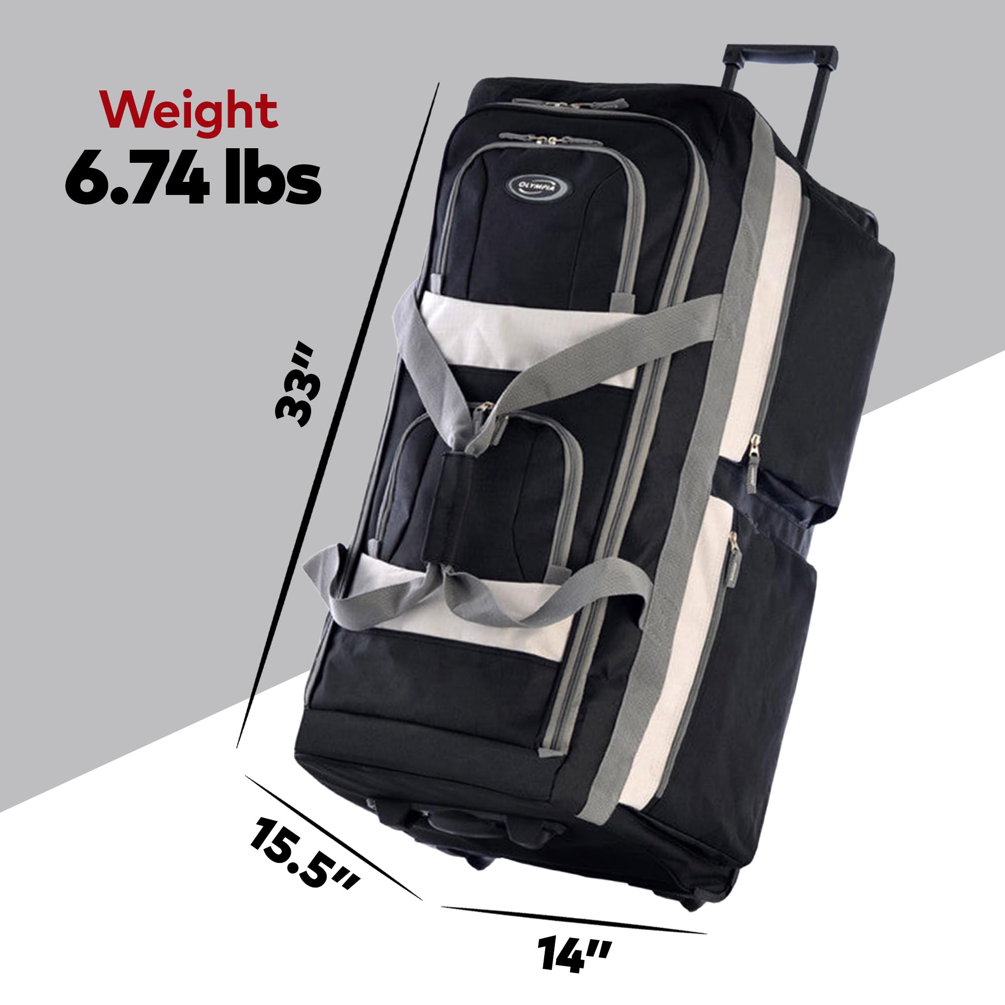 Olympia U.S.A. 33 inch Jumbo Size 8 Pockets Wheeled Rolling Duffel Bag Water Resistant Luggage Lightweight Travel Suitcase with Retractable Handle