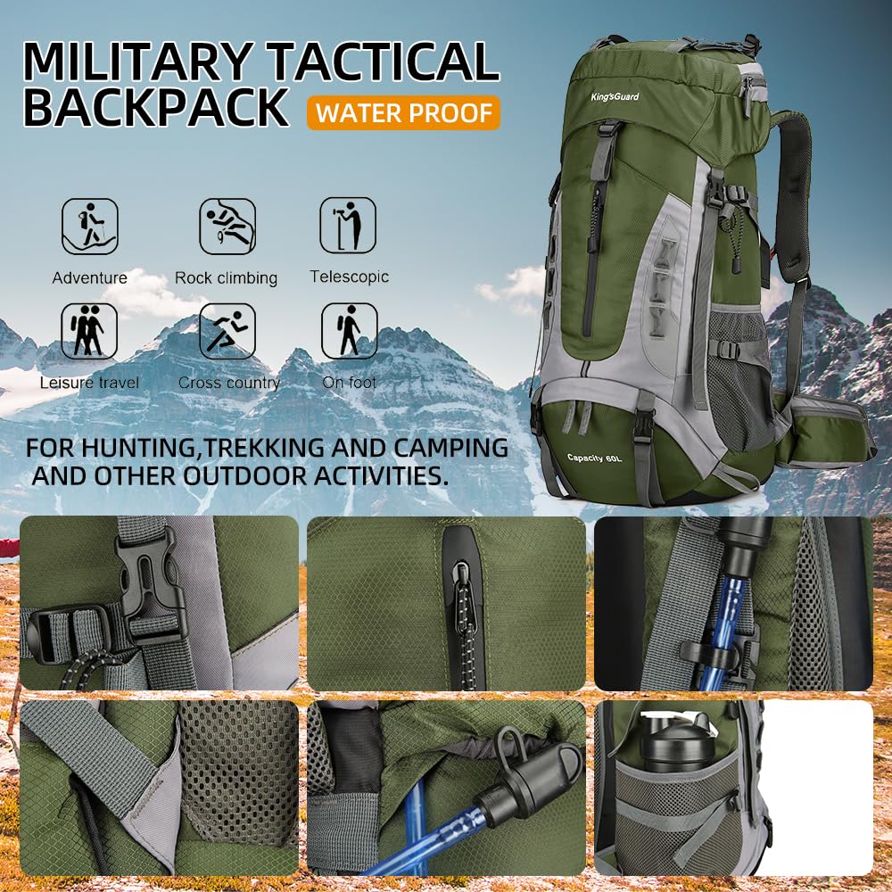 King'sGuard 60L Hiking Backpack for Men and Women Lightweight Camping Hiking Backpack with Rain Cover Large Waterproof Travel Backpack Backpacking Pack (Army Green)