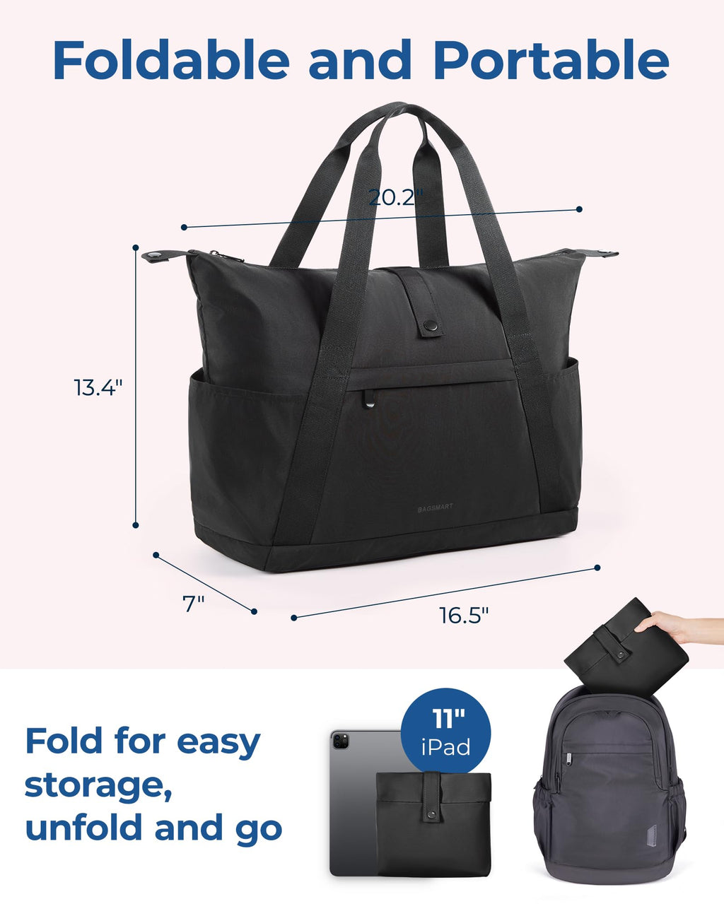 BAGSMART Personal Item Travel Bag For Spirit Airlines, 23L Lightweight Gym Bag for Women Foldable Duffle Bag Weekender Overnight Bag for Travel, Gym