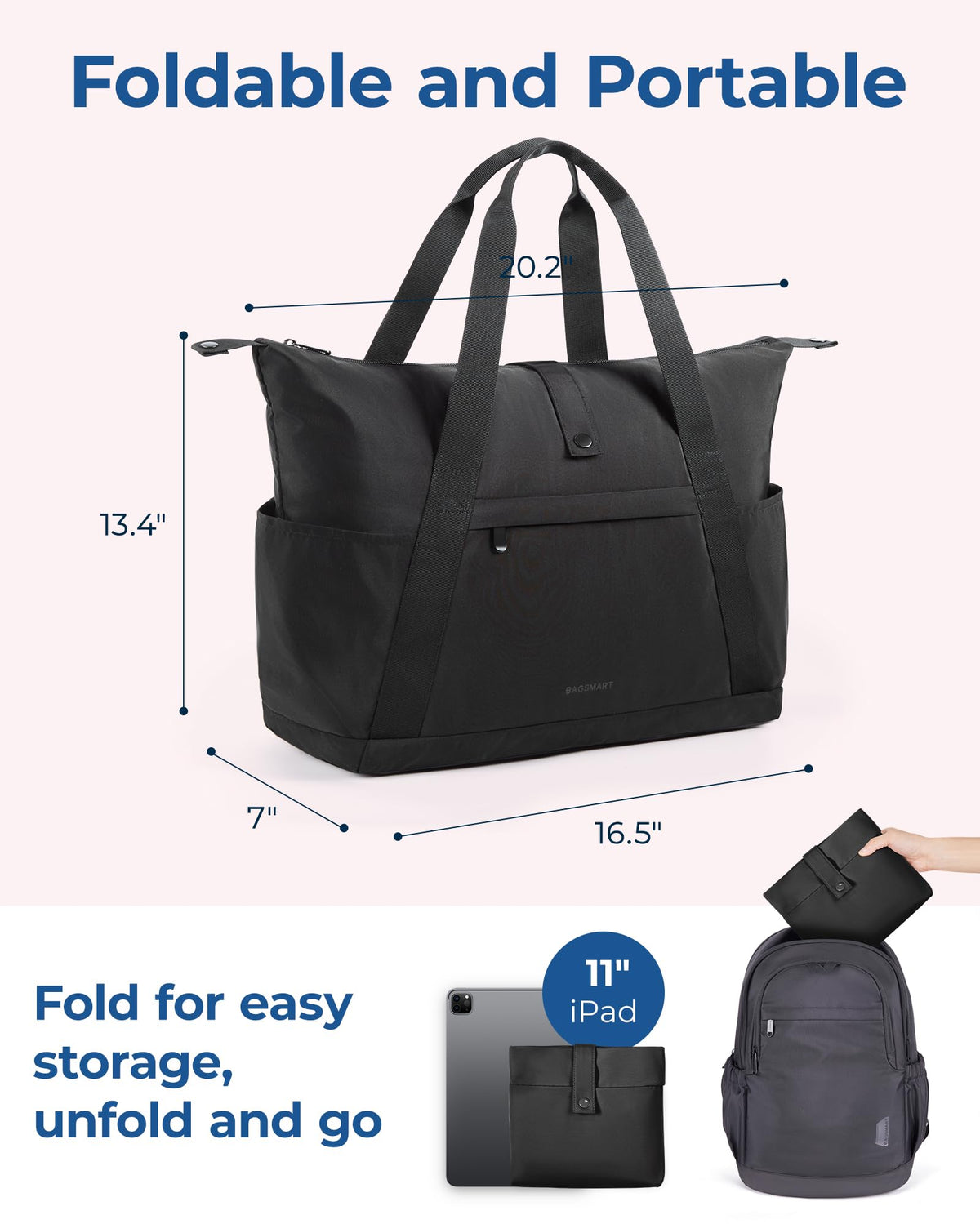 BAGSMART Personal Item Travel Bag For Spirit Airlines, 23L Lightweight Gym Bag for Women Foldable Duffle Bag Weekender Overnight Bag for Travel, Gym