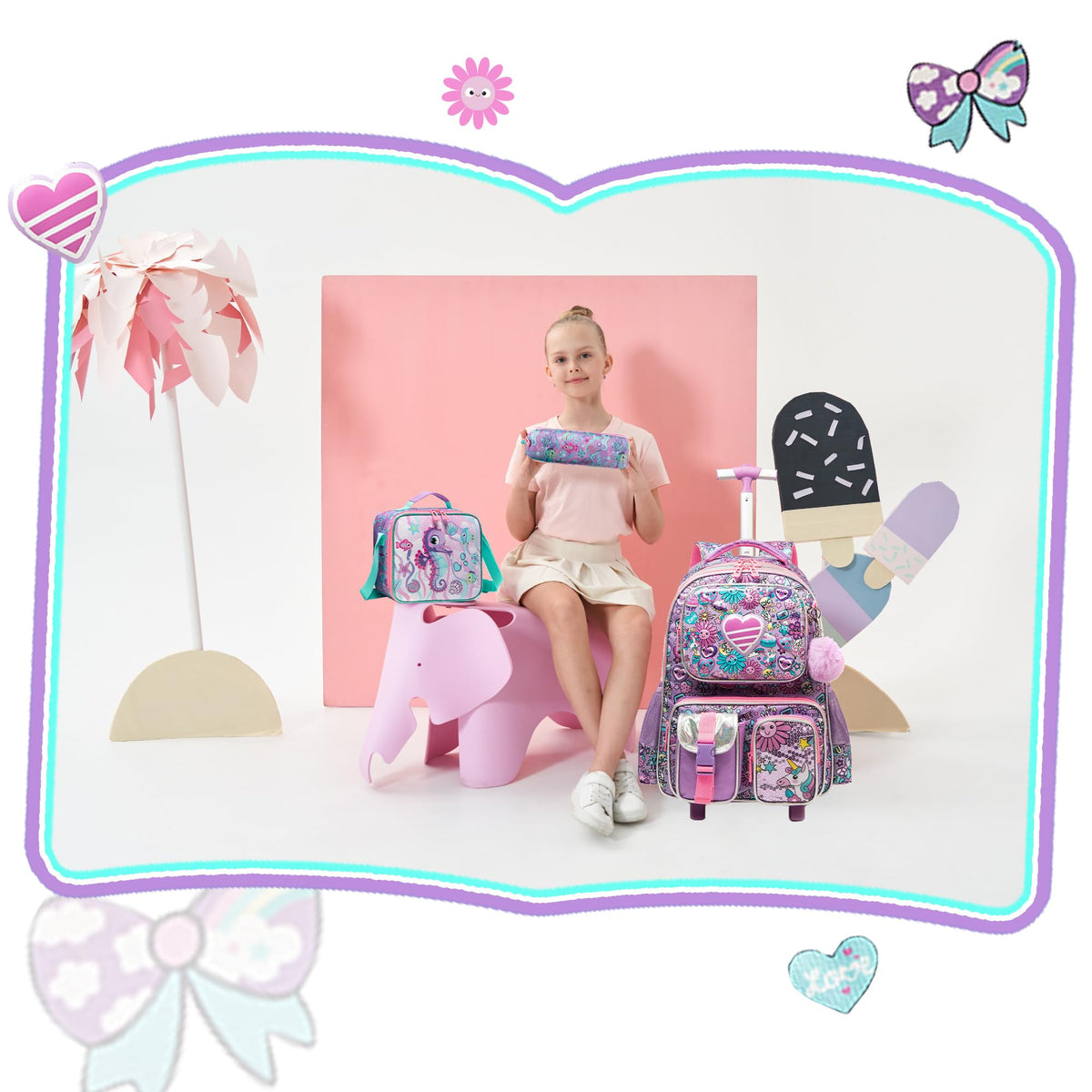 Meetbelify Kids Rolling Backpack with Wheels for Girls Rolling Backpacks with Lunch Box for Elementary School Students 3 in 1 Travel Luggage Suitcase for Girls Age 8-10