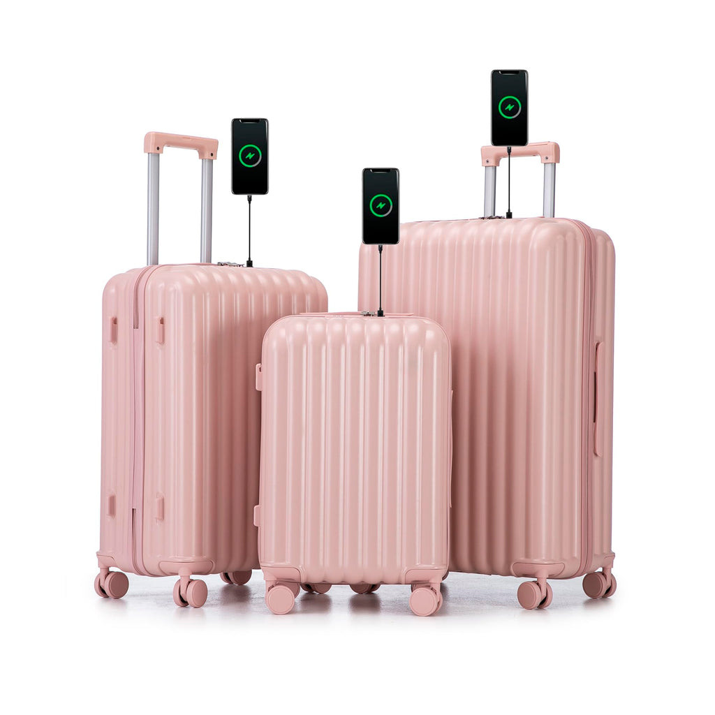 Campfun Luggage Sets 3 Piece, Carry On Luggage Set with Cup Holder and USB Port, Hardshell ABS Suitcase with TSA Lock Double Spinner Wheels Hook, Lightweight Suitcase 20/24/28in, Pink