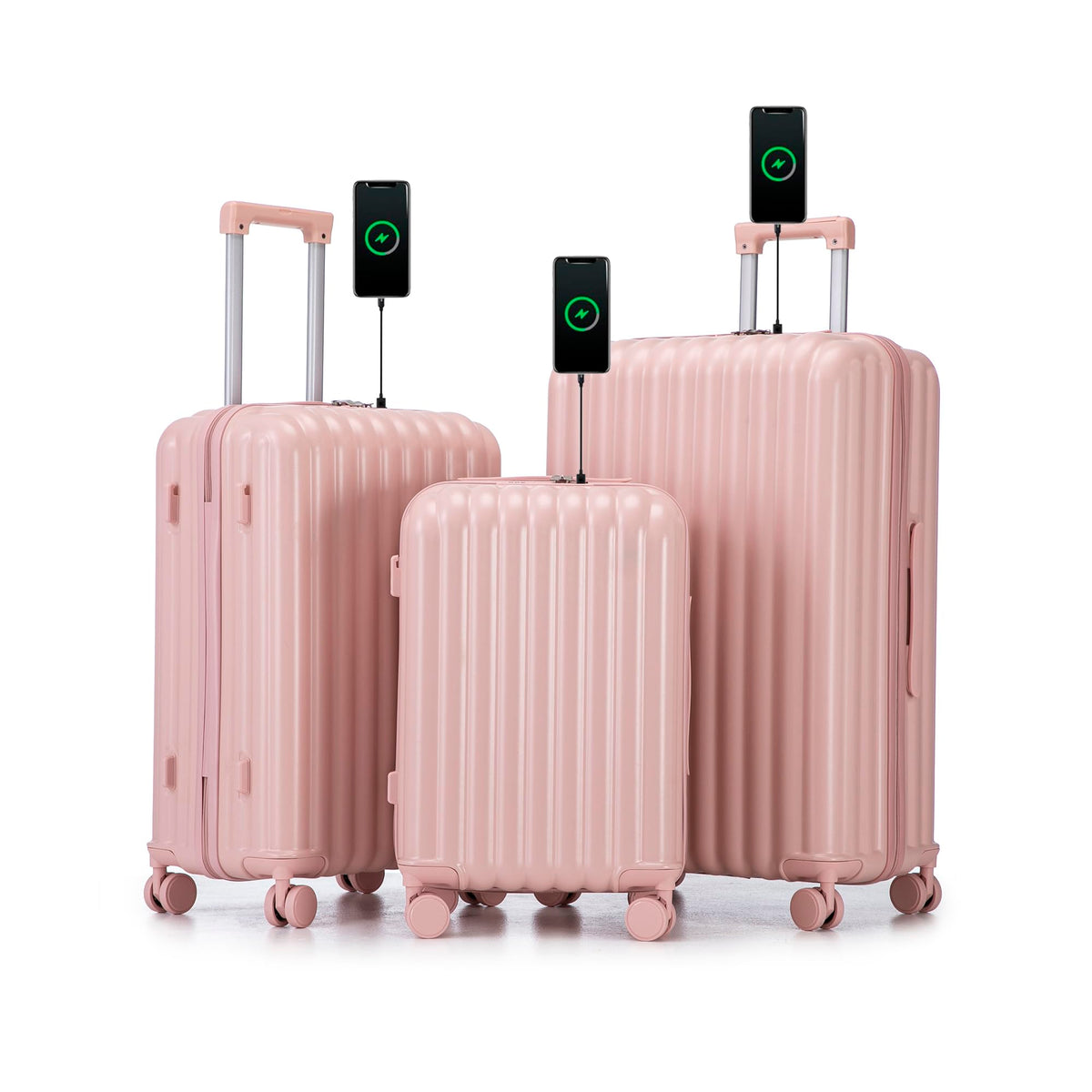 Campfun Luggage Sets 3 Piece, Carry On Luggage Set with Cup Holder and USB Port, Hardshell ABS Suitcase with TSA Lock Double Spinner Wheels Hook, Lightweight Suitcase 20/24/28in, Pink