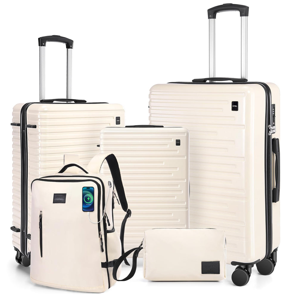 Hoteel Luggage Sets 5 Piece, 4-Yr Warranty Durable Suitcase Dual-Spinner Wheel TSA Lock, Lightweight Travel Hardshell PC+ABS Carry on Luggage for Men&Women, Beige(20in/24in/28in/BP/TB)