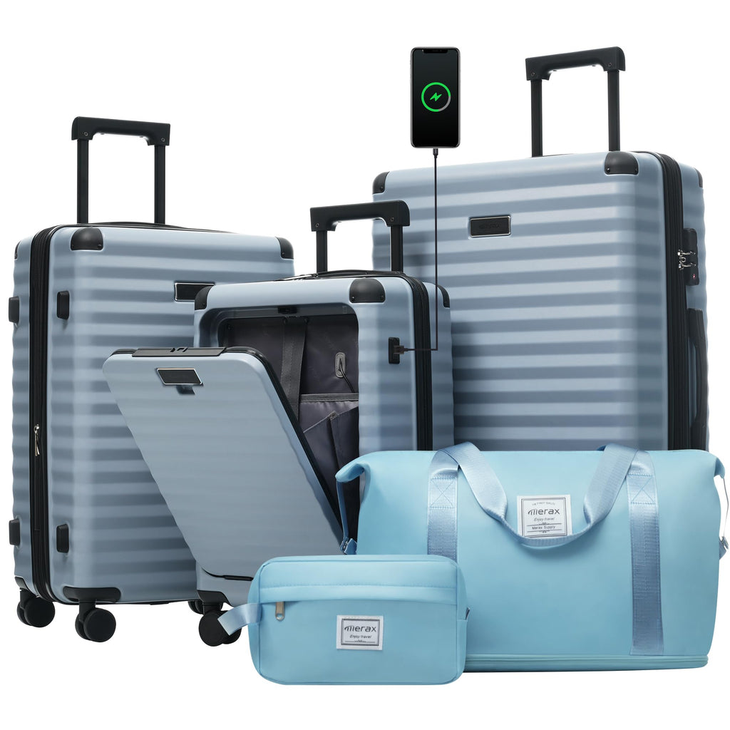 Merax Luggage Sets 3 Piece Front Opening, Hardside Lightweight Carry on Suitcase with Cup Holder USB Port,Durable Expandable Luggage with Bags Spinner Wheels and TSA Lock,Sky Blue