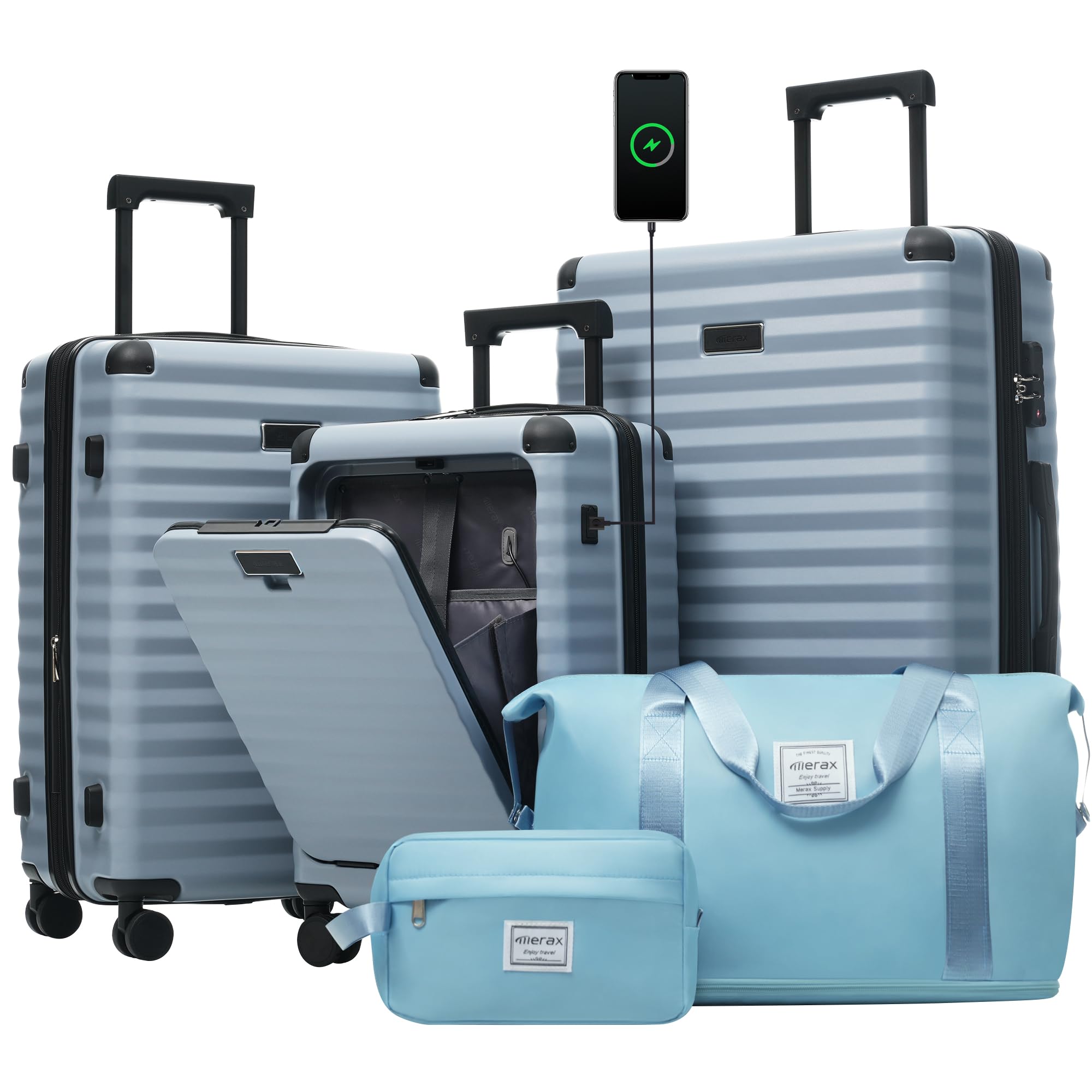 Merax Luggage Sets 3 Piece Front Opening, Hardside Lightweight Carry on Suitcase with Cup Holder USB Port,Durable Expandable Luggage with Bags Spinner Wheels and TSA Lock,Sky Blue