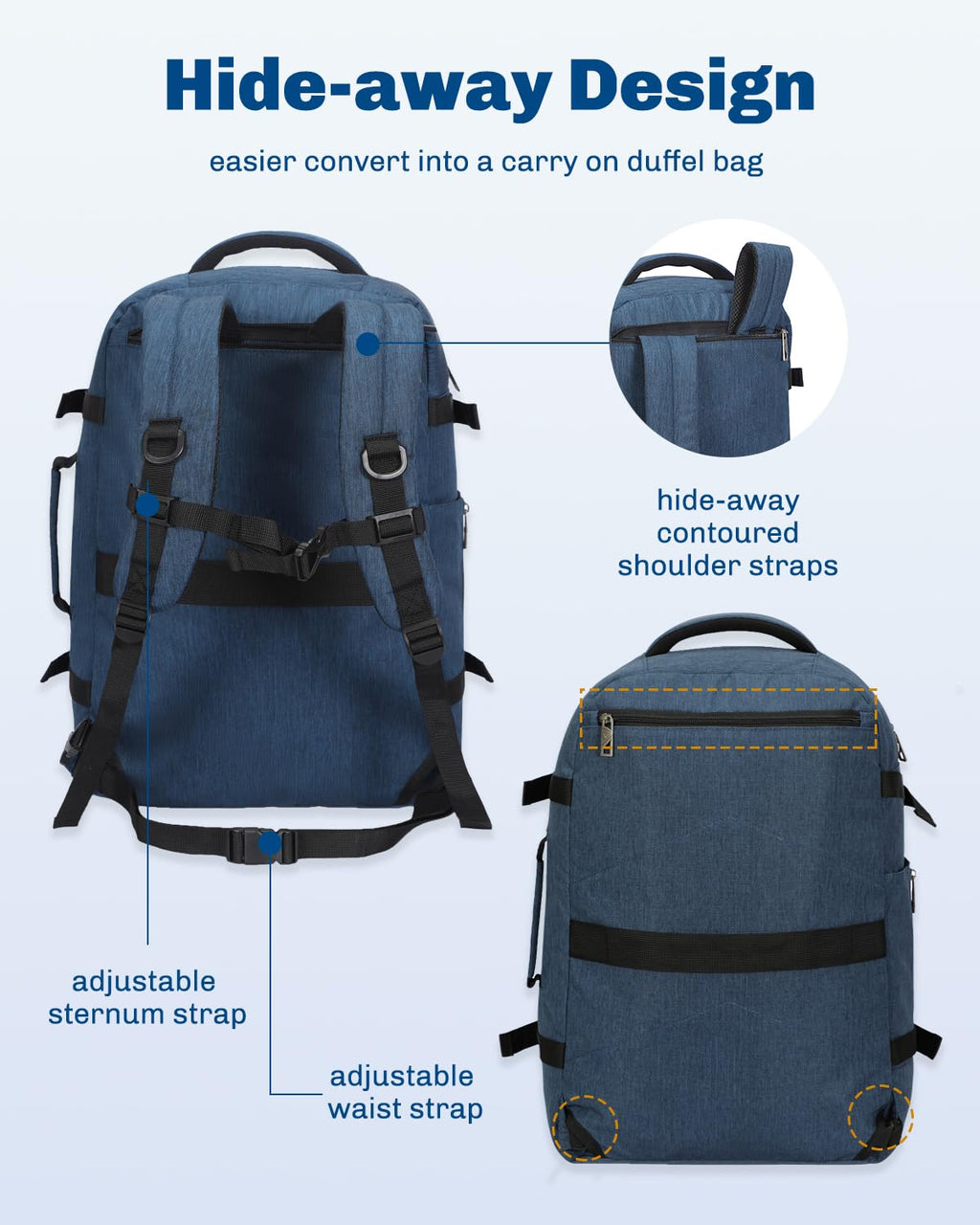 Hynes Eagle Travel Backpack 40L Flight Approved Carry on Backpack Men Large Cabin Weekender Laptop Backpack Women 15.6 inches Blue 2024