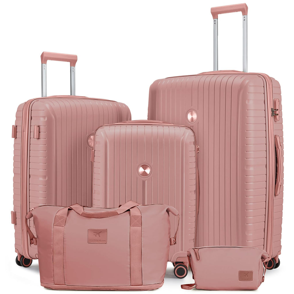 Joyway Luggage Sets 5 Piece PP Hardshell Carry on Suitcase, Travel Lightweight Carry-on with Double Spinner Wheels and TSA Lock, Rose Gold