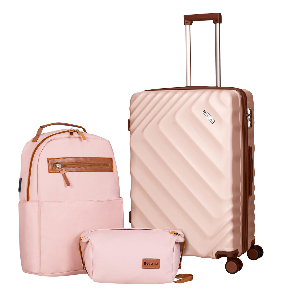 Rosamo 3 piece Luggage Set Expandable Suitcase 22x14x9 Airline Approved Carry on, ABS Hard Case Suitcases with Spinner Wheels, TSA Lock, (Pink, 3 Piece Sets(20/BP/TB))