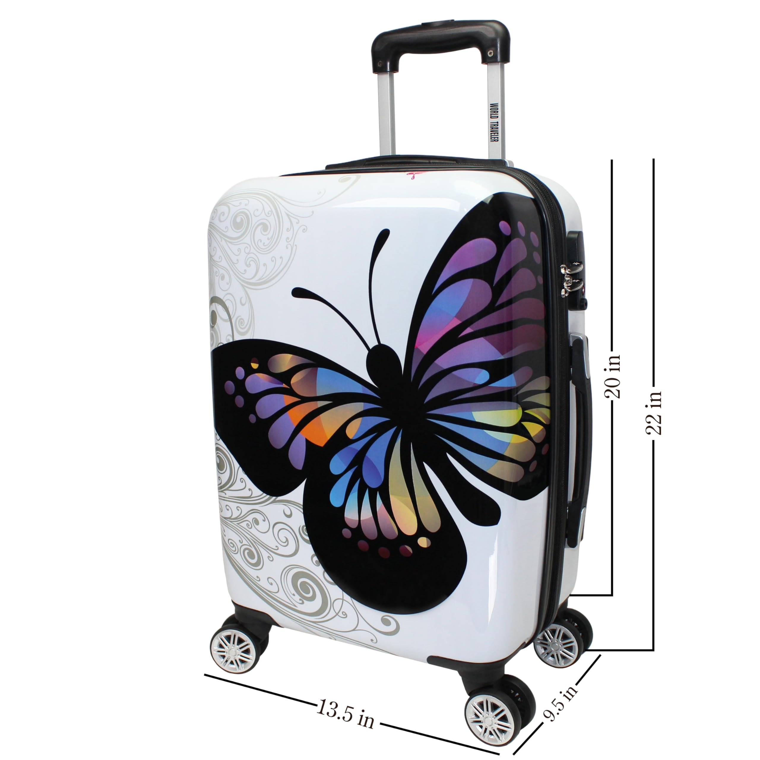 World Traveler Butterfly 20-Inch Carry-On Polycarbonage Hardside Expandable Spinner Luggage with Enhanced Wheel System