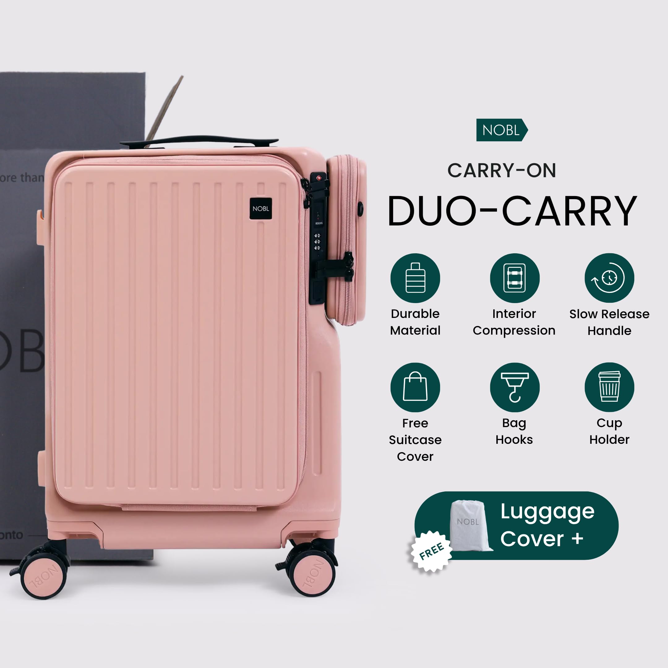 NOBL Duo Carry Carry-On Luggage with Detachable Side Bag, 22.1x14.6x10.5 Airline Approved, Noble Zipperless PC Hard Shell Suitcase & Crossbody, 360° Spinner Wheels, TSA Locks, USB Port - Blush