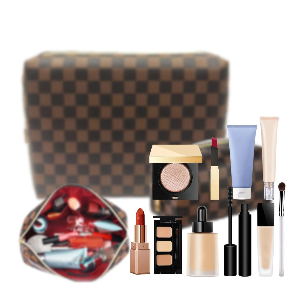 kancehinage Checkered Makeup Bag, 2 Pcs Portable Leather Cosmetic Bag, Travel Toiletry Bag for Women, PERFECT for Christmas, Birthdays, Valentine’s Day
