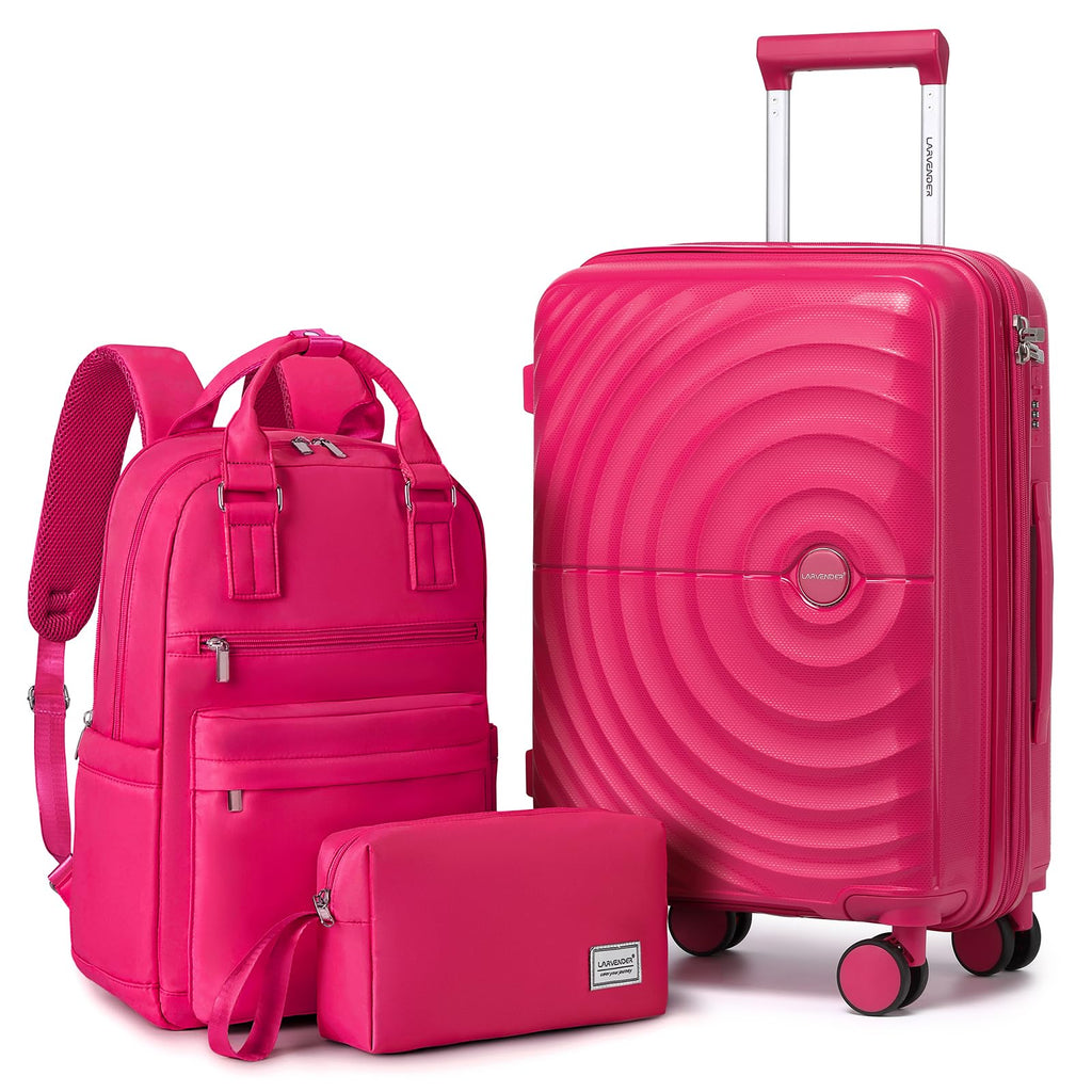 LARVENDER Carry On Luggage Set 22x14x9 Airline Approved, Expandable 20 Inch Carry-On Suitcases With Wheels, Lightweight Luggage Sets 3 Pieces With Backpack, Rose Red