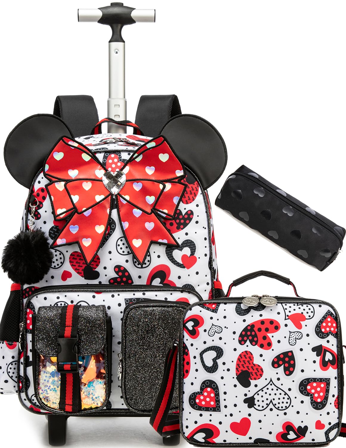 Meetbelify Backpack with Wheels for Girls Rolling Backpack Cute Carry on Backpack Kids Luggage with Lunch Box Pencil Case for Elementary Student