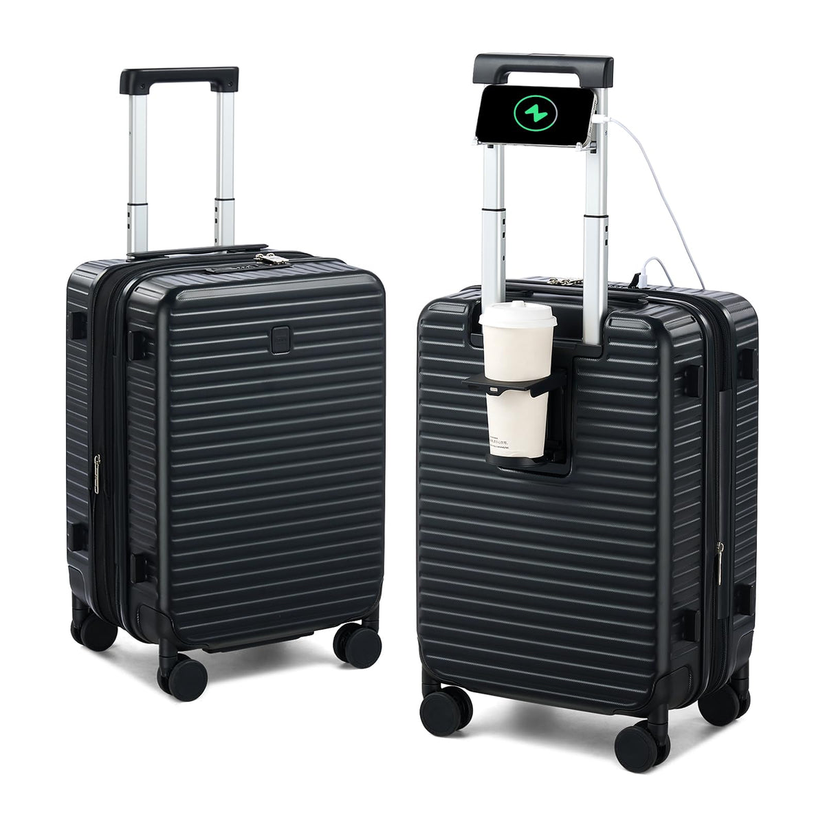 HanTrip Hard Shell Suitcases Airline Approved 20 Inch Carry on Luggage with Wheels, Expandable Travel Luggage with Cup Holder Charger Built in Lightweight Small Suitcase, Black