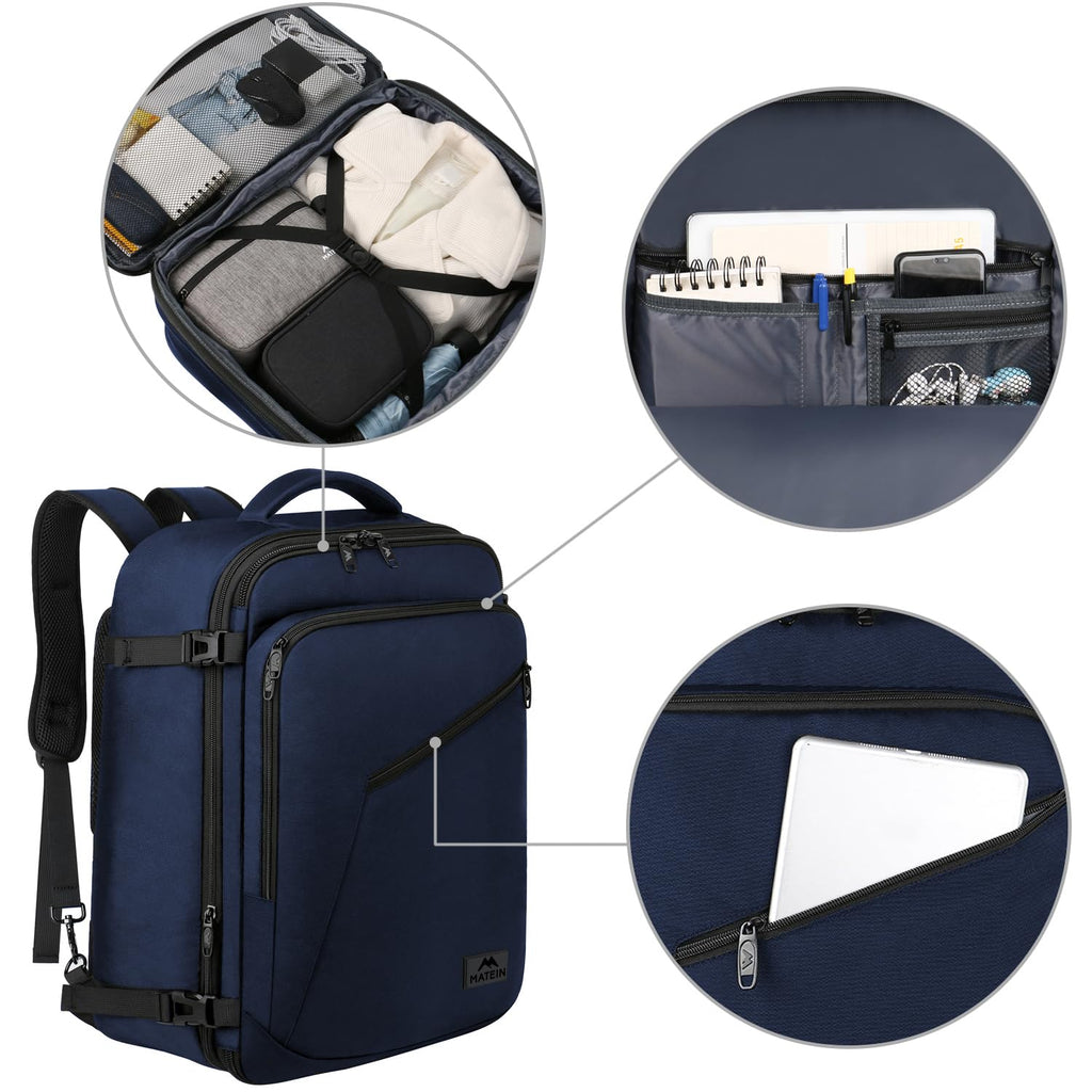 MATEIN Weekender Backpack, Large Capacity Travelling Suitcase Backpack with Strap for Clothes, Expandable Flight Approved Business Carry on Daypack for International Travel, Blue
