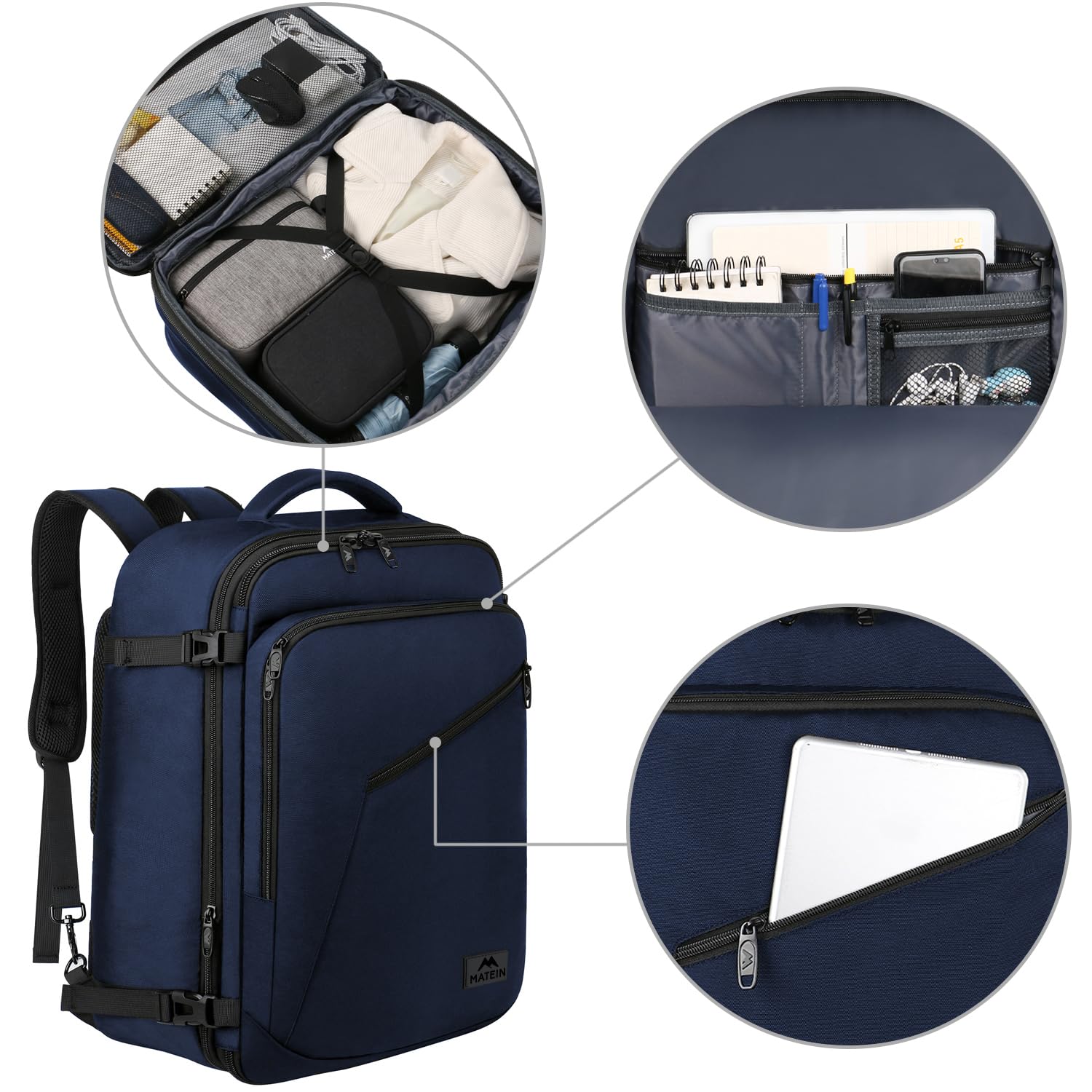 MATEIN Weekender Backpack, Large Capacity Travelling Suitcase Backpack with Strap for Clothes, Expandable Flight Approved Business Carry on Daypack for International Travel, Blue