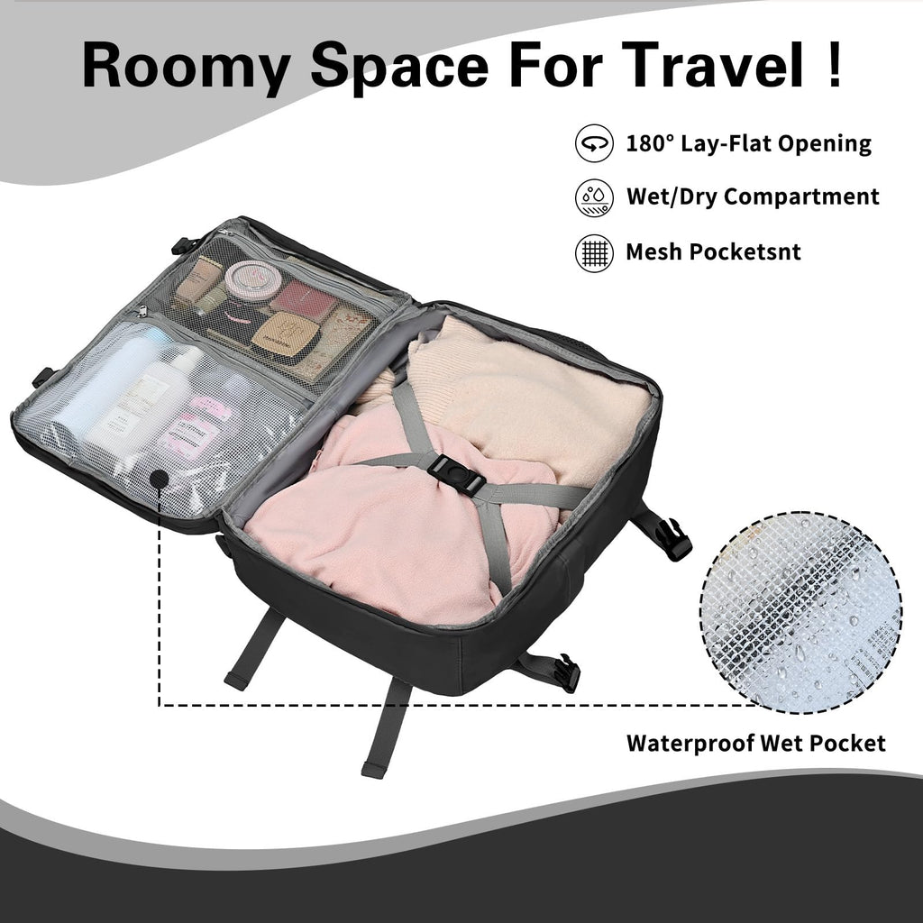 Carry On Backpack for Women & Men – Airline Approved Underseat Size, 15.6" Laptop Compartment, TSA-Friendly 180° Opening, Anti-Theft Business Travel Backpack with Trolley Sleeve (Black, Medium)