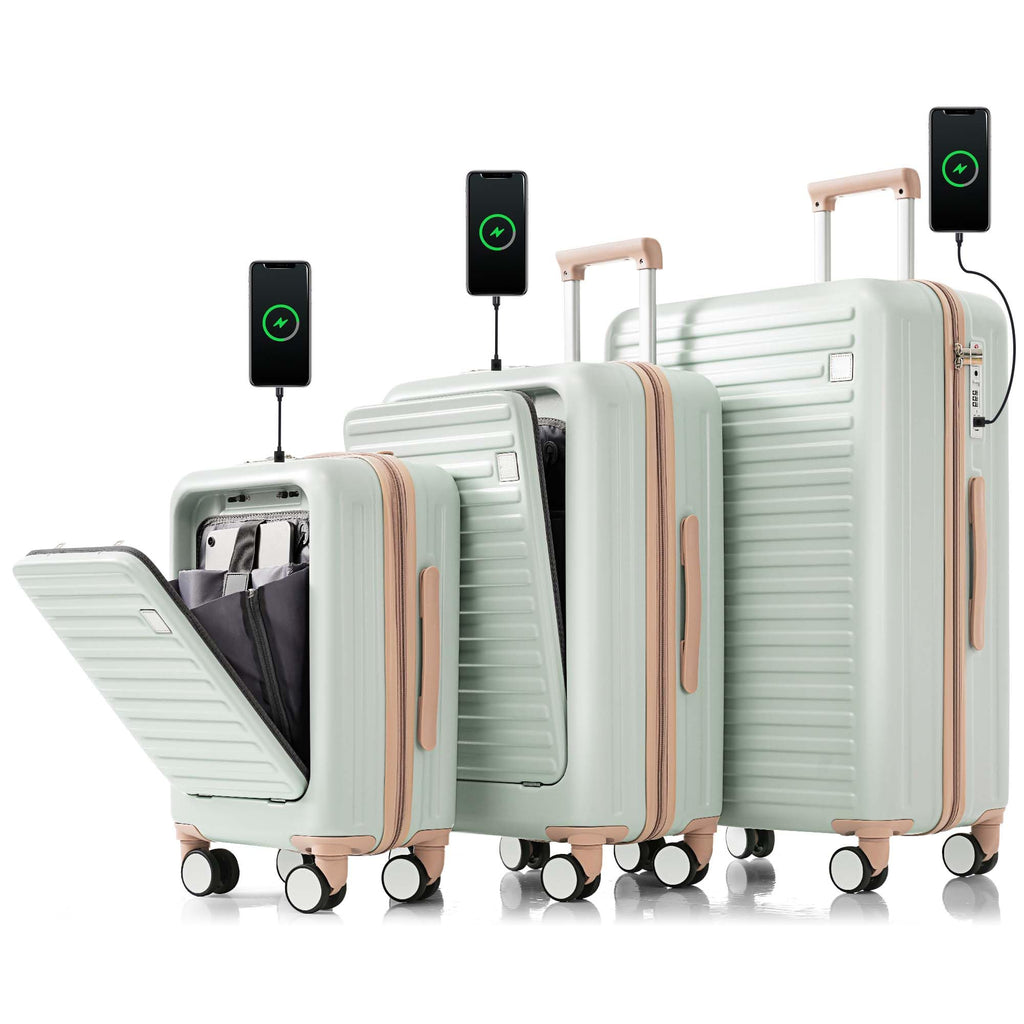 Hardshell Luggage Sets 3 Piece with Spinner Wheels, Green Luggage Set with TSA Lock, Carry on Suitcase with USB Port, Cup Holder, Front Pocket, Lightweight, 20"/24"/28" (Green, 3PC(20/24/28in))
