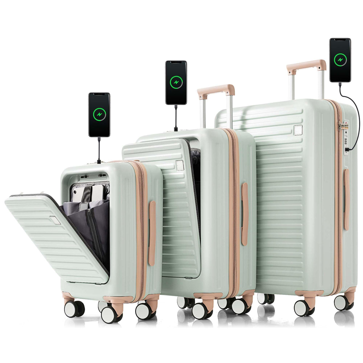 Hardshell Luggage Sets 3 Piece with Spinner Wheels, Green Luggage Set with TSA Lock, Carry on Suitcase with USB Port, Cup Holder, Front Pocket, Lightweight, 20"/24"/28" (Green, 3PC(20/24/28in))