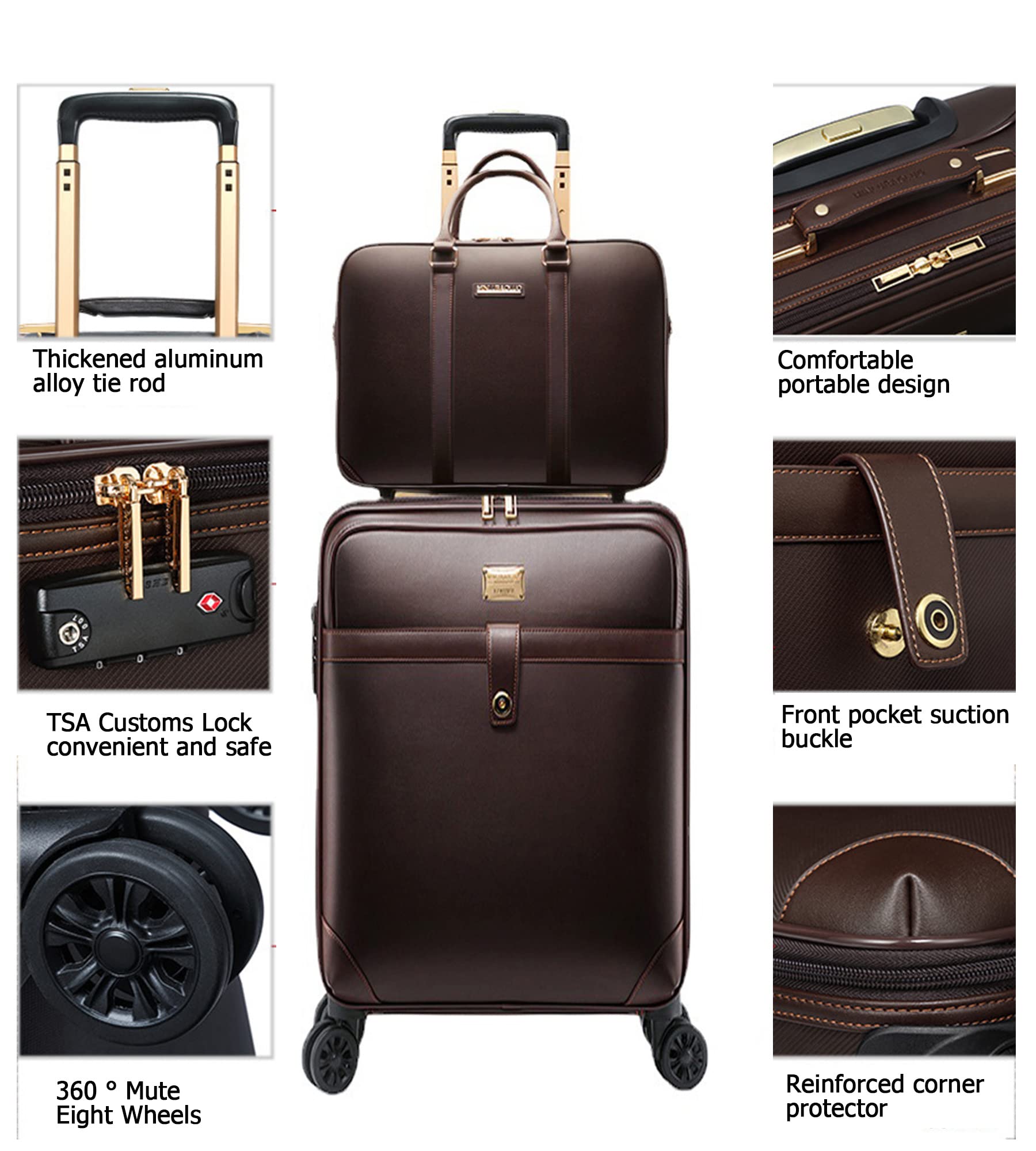 feilario 2Pcs Leather Business Spinner Wheel Luggage Waterproof Carry-On Suitcase with TSA Lock - Capacity 36-55L