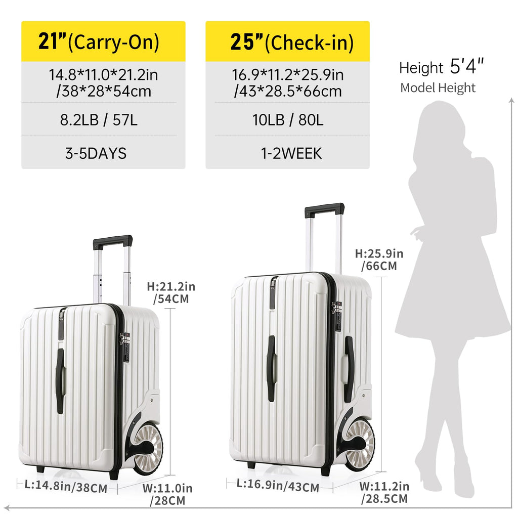 ROPLUS Extra Large Wheels Carry On Luggage Hard Shell Suitcase Top Opening Hardside Frame Travel Luggage with TSA Lock (White, 21-Inch)