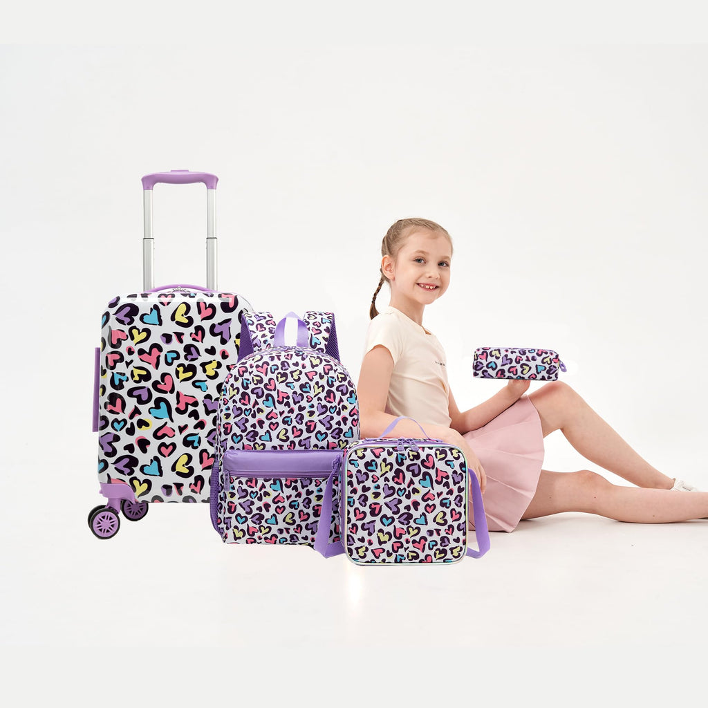 Inprof Kids Luggage with Spinner Wheels 5 Piece Carry on Suitcases for Girls Backpack with Lunch Box Pencil Case 16" Toddler Suitcase Set Airline Approved (Bainbow Leopard)