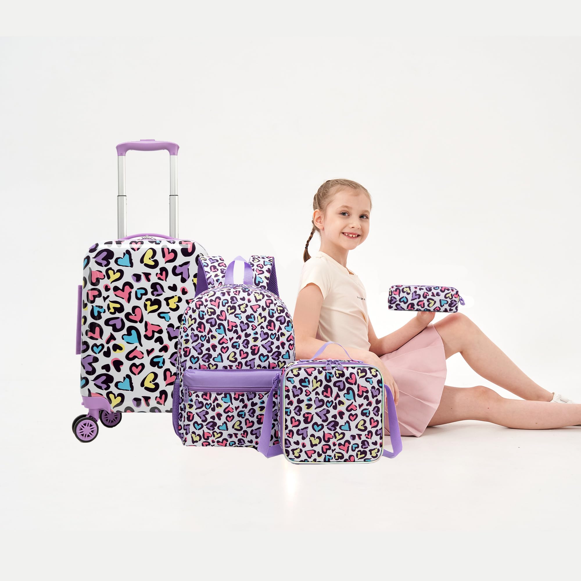 Inprof Kids Luggage with Spinner Wheels 5 Piece Carry on Suitcases for Girls Backpack with Lunch Box Pencil Case 16" Toddler Suitcase Set Airline Approved (Bainbow Leopard)