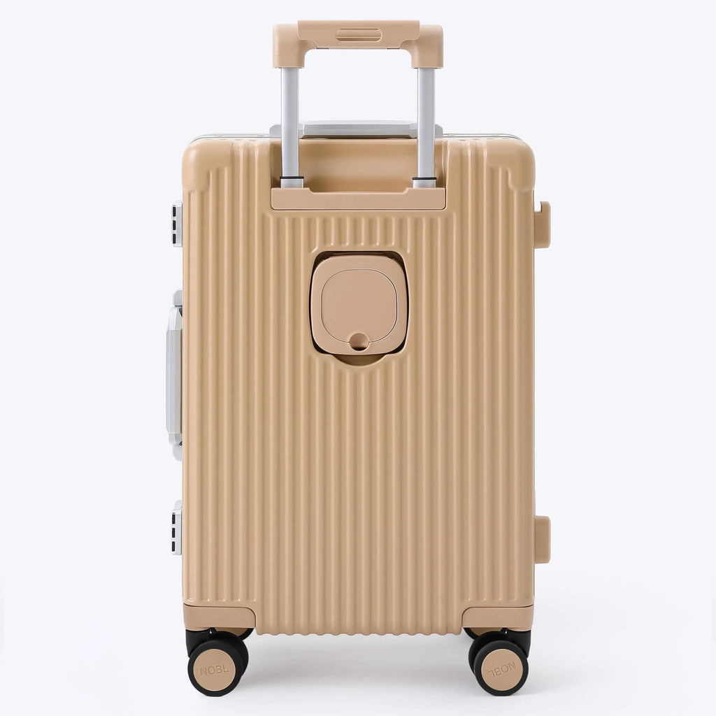 Nobl Travel Carry On Luggage, Noble Zipperless Aluminum Frame PC Hard Shell Suitcase, 22.5"x15"x9.5" Airline Approved, 360° Spinner Wheels, TSA Locks, USB Charging Port, Cup & Phone Holder - Caramel