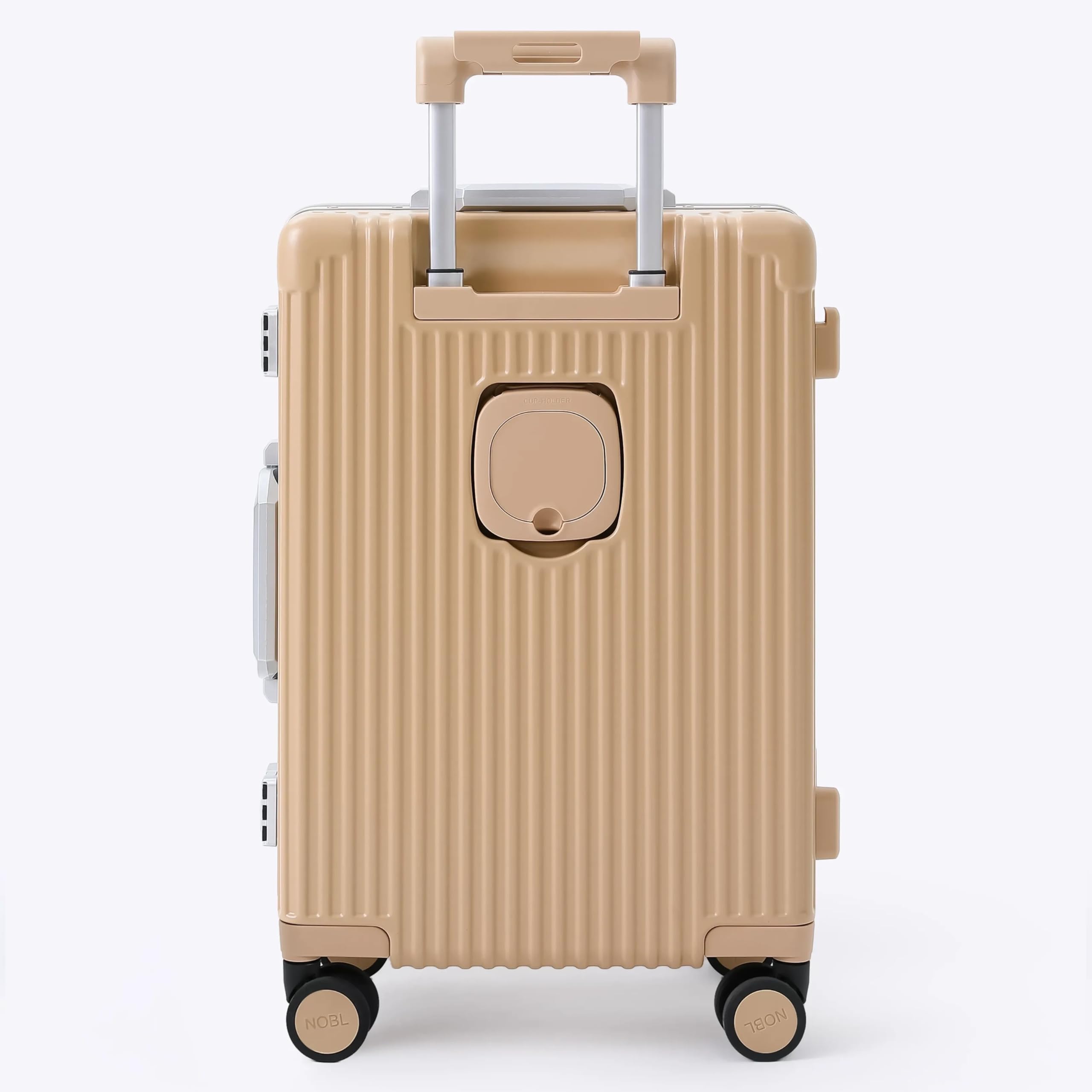 Nobl Travel Carry On Luggage, Noble Zipperless Aluminum Frame PC Hard Shell Suitcase, 22.5"x15"x9.5" Airline Approved, 360° Spinner Wheels, TSA Locks, USB Charging Port, Cup & Phone Holder - Caramel