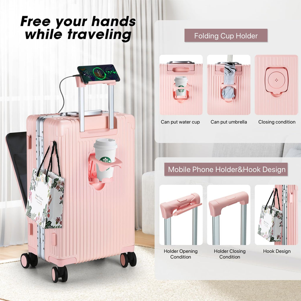 MRPLUM Front Pocket Carry On Luggage,Aluminum Frame PC Hardside Spinner Wheel Suitcase with TSA Lock,Cup Holder,Phone Holder&USB Charging Port,Pink(1 Piece)