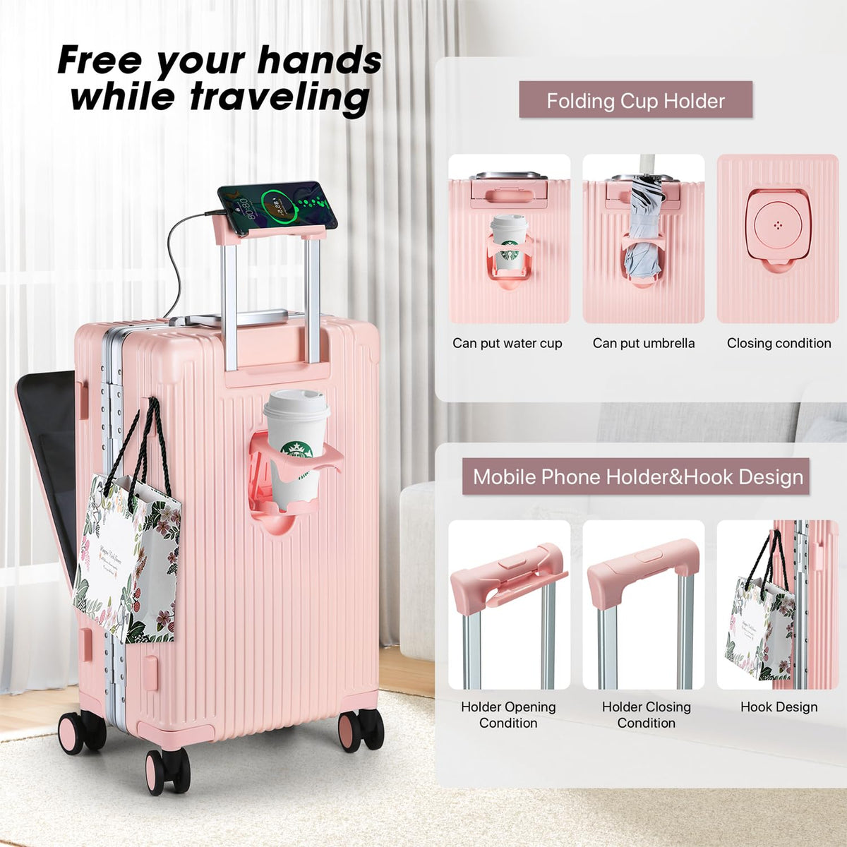 MRPLUM Front Pocket Carry On Luggage,Aluminum Frame PC Hardside Spinner Wheel Suitcase with TSA Lock,Cup Holder,Phone Holder&USB Charging Port,Pink(1 Piece)